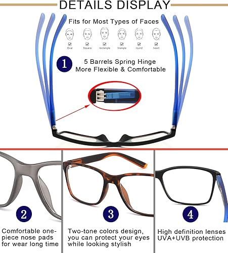 Miniatura 5 de Gafas de lectura con bloqueo de luz azul para hombres, paquete de 4 elegantes lectores de computadora con bisagras de resorte, filtro