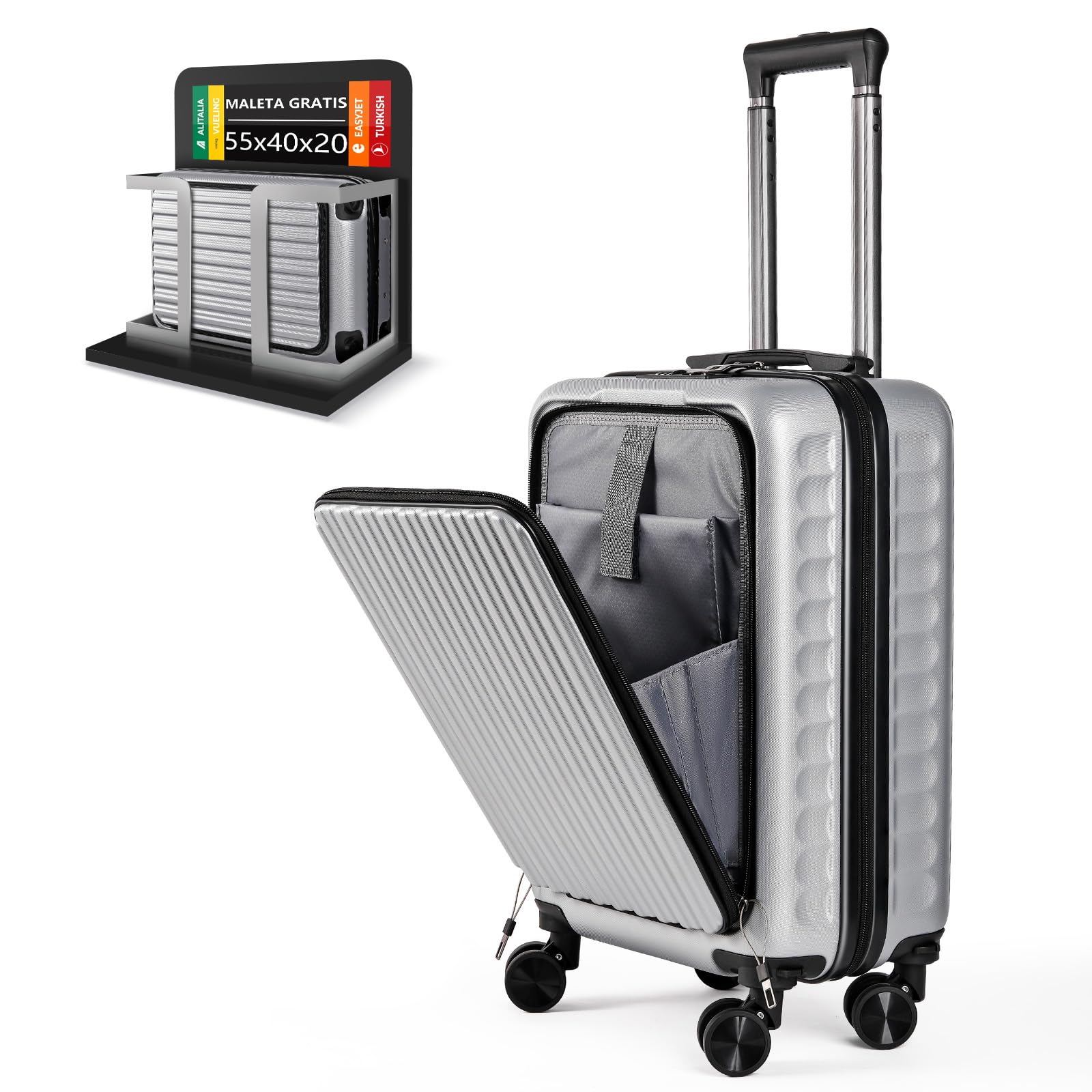 Maleta de Cabina 52x35x20cm,ABS Material Trolley Rígida Expandible, con Ruedas giratorias Desmontables,Cerradura combinación,Ideal como Equipaje de Mano para Iberia, Vueling o Easyjet