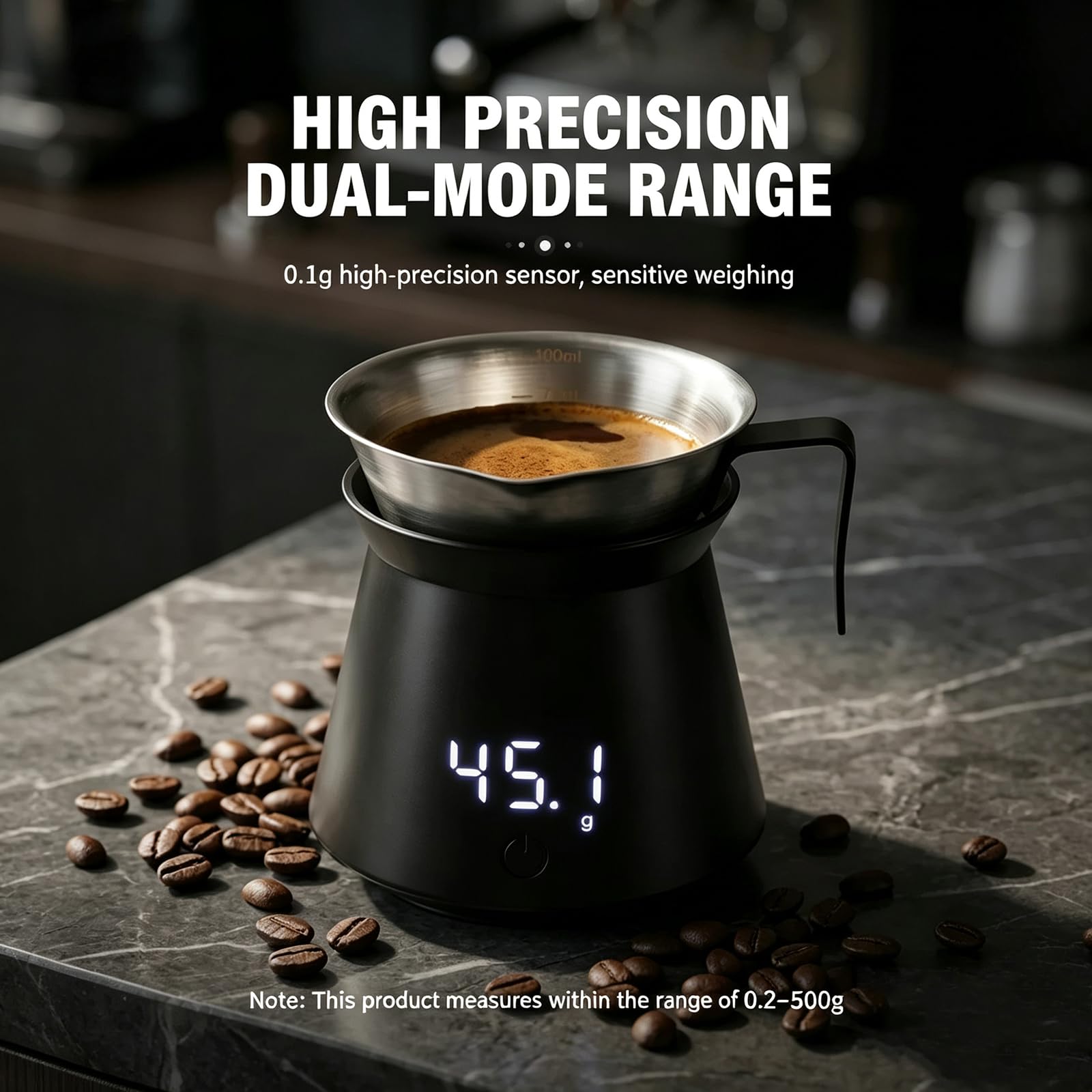 Doseur À Café avec Balance Intégrée, Pesée Expresso De Précision (0,1 G), Affichage Numérique LED, Rechargeable, Capacité Jusquà 500 G, pour Le Dosage du Café Et La Méthode Douce