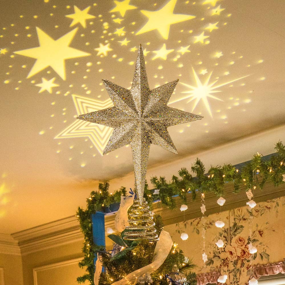 YEAHOME Christmas Star Tree Topper, Lighted Star Tree Topper Gold Christmas Tree Star with Star Projector Lights Xmas Tree Topper for Christmas Tree Decorations