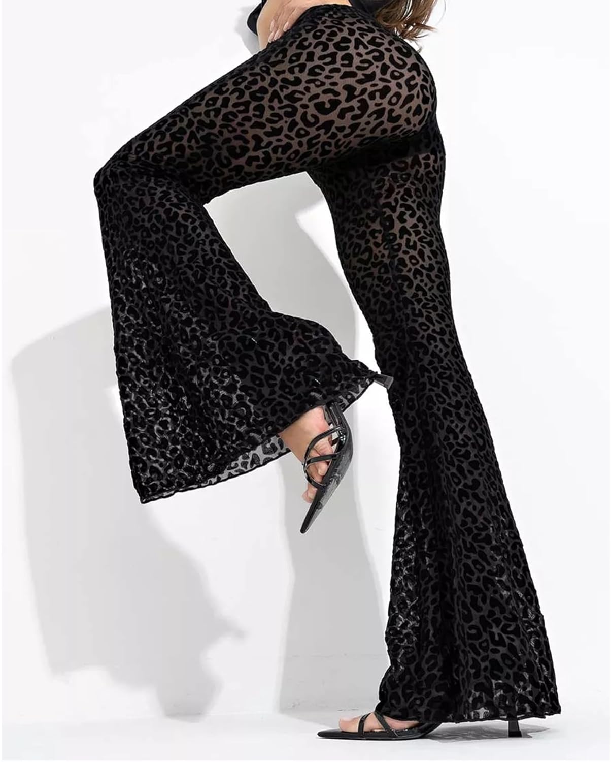 Women’s High Waist Rave Mesh Sheer Pants Flared Bell Bottom Pants for Rave Festival Dance Clubwear