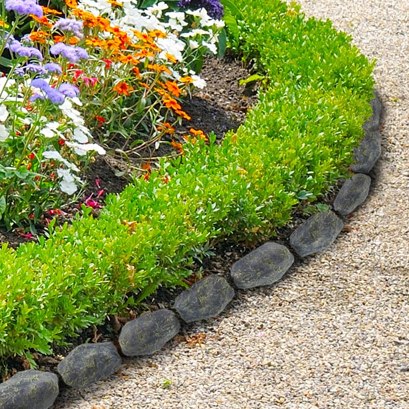 Unibos Stone Effect Polyresin Garden Decoration Flower Beds Plants and Ponds Border Hammer-In Garden Stone Edging Pack Of 14