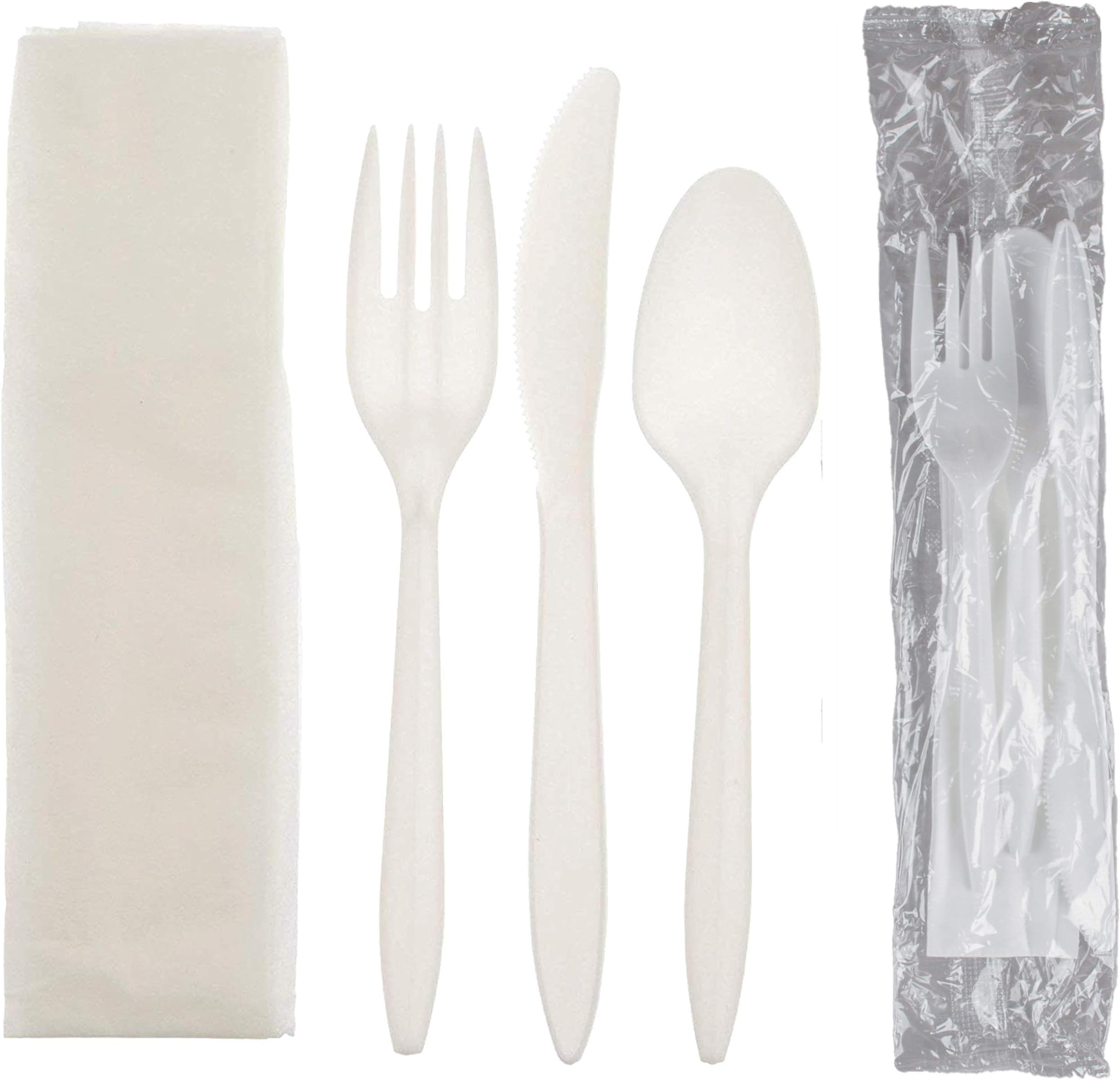 Disposable Plastic Cutlery Set 250-Pack Individually Wrapped Utensil Kit – Silverware Set Includes: Fork, Knife, Tea Spoon, Napkin – Perfect M/W Flatware Set for Events, Lunches, Restaurants, Picnics