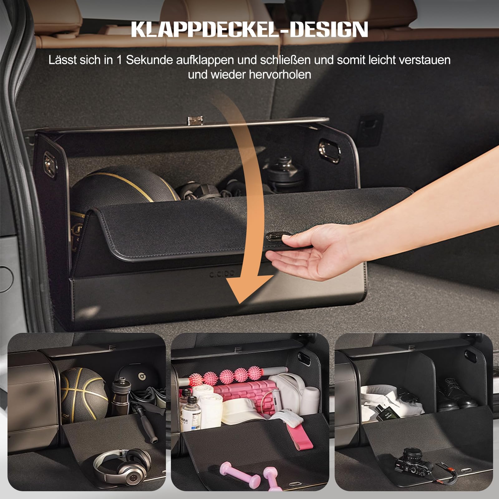 Ergocar Kofferraum Organizer, PU-Leder Autotasche Auto Kofferraum Box mit Deckel, Zusammenklappbarer Aufbewahrungsbox mit Fächern, Wasserfeste Langlebig, Rutschfester Boden, 180° Öffnung