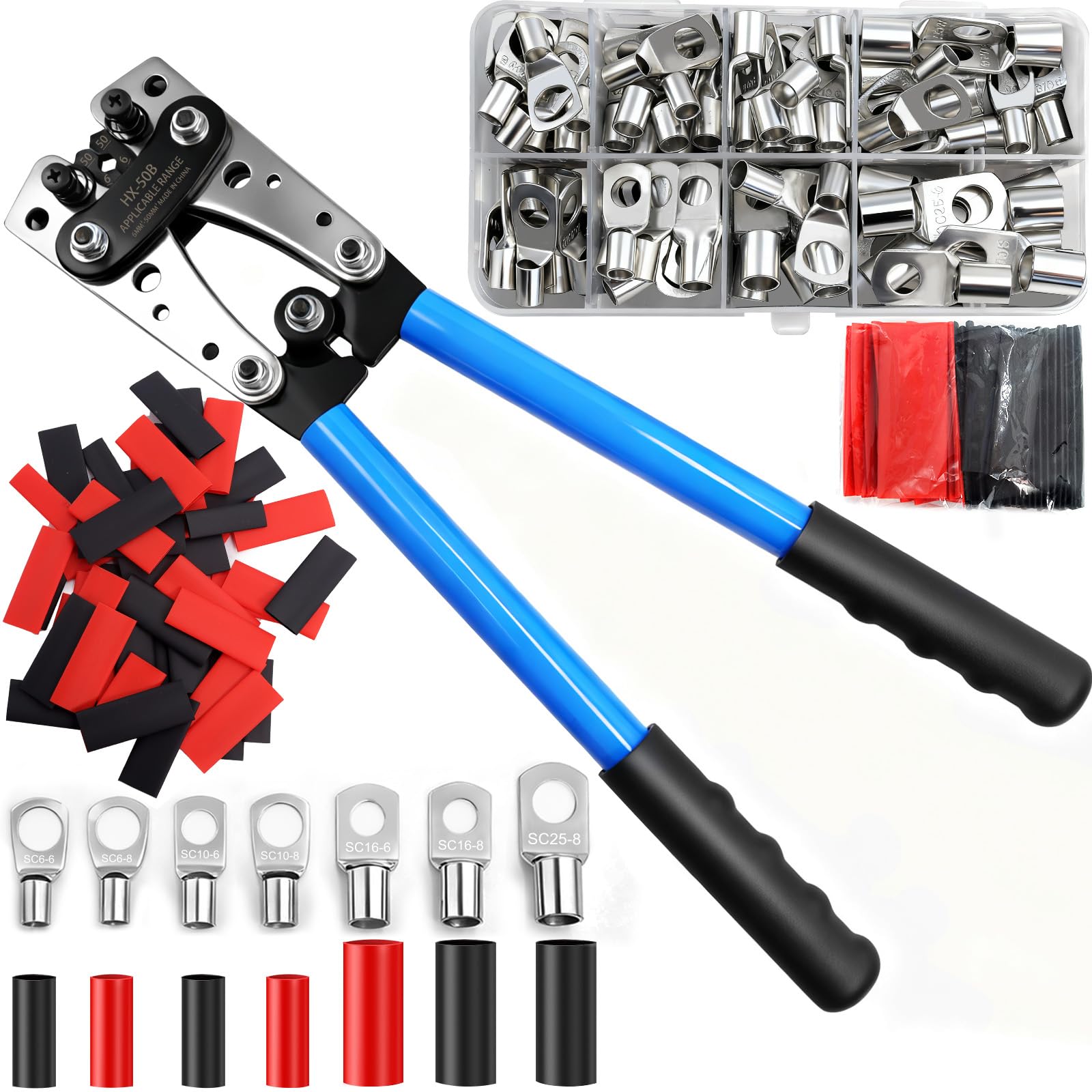 Crimpzange Kabelschuhe AWG Draht Crimper mit 100 Stück Schrumpfschlauch und 60 Kupferanschlüsse, batteriekabelschuh Crimpzange für Kabelhülse zwischen 6-50 mm²