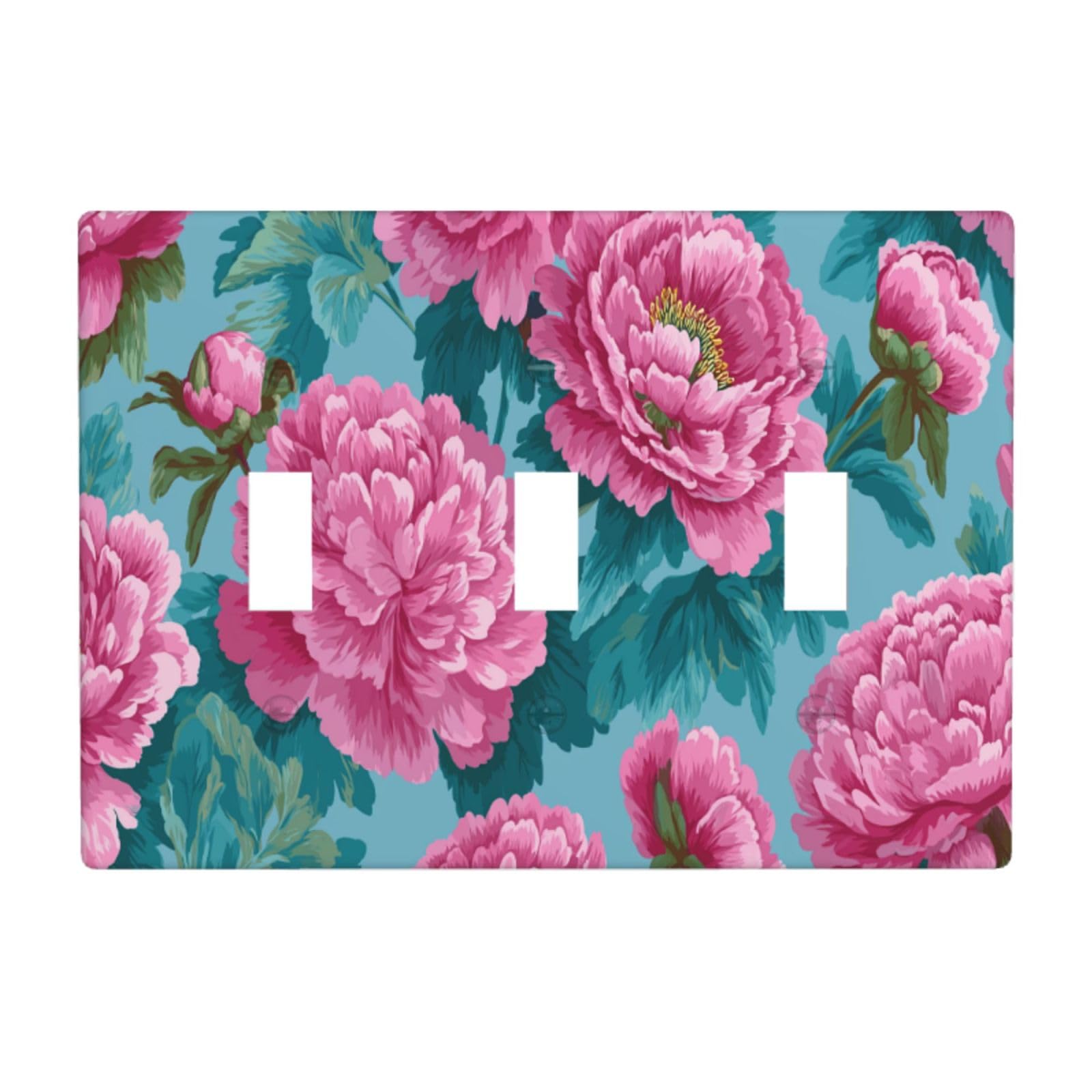 Woshuwo White Pink And Turquoise Peonies On Blue Light Switch Covers 3 Gang Triple Toggle Wall Plate Switchplate Electrical Faceplate For Bathroom Kitchen Bedroom Decor