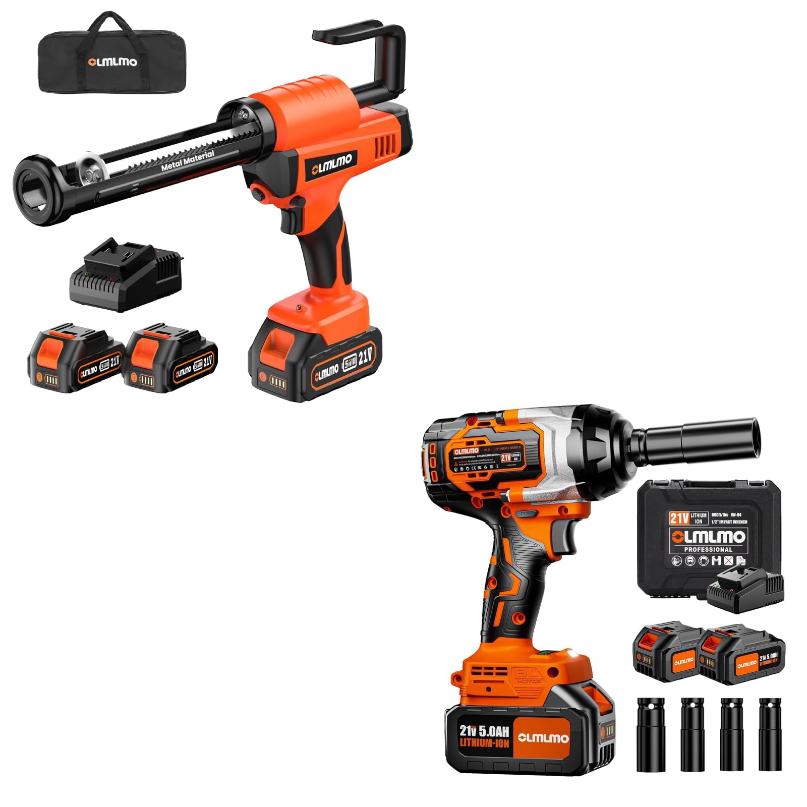 olmlmo Caulking Gun Cordless, 10 oz/300ml, Electric Caulking Gun w/ 4000mAh 6-Speed Anti-Drip, Adhesive Gun Kit Metal Alloy Arm, Durable Dripless Caulk Gun for Battery, Impact Wrench 800Ft-lb