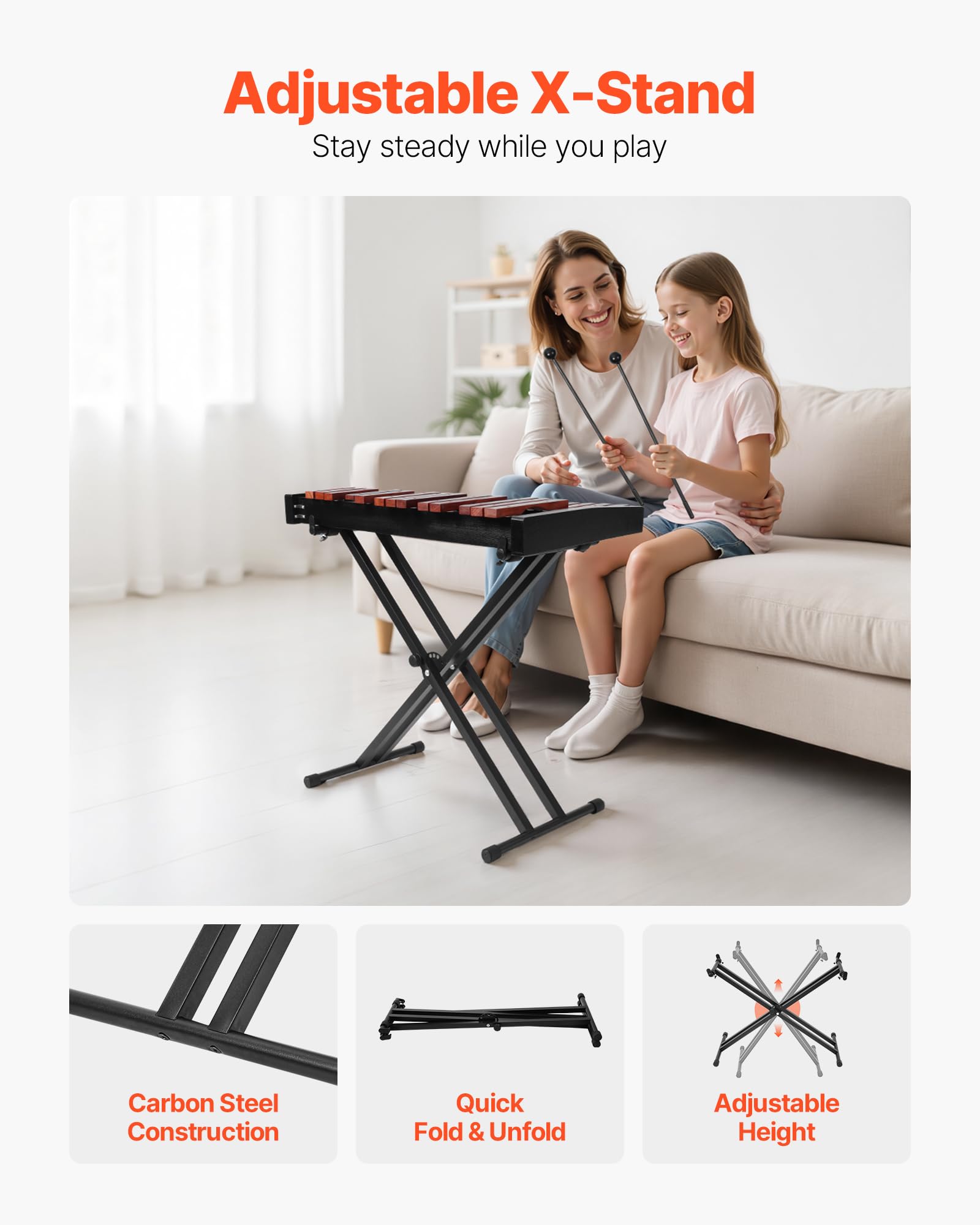 VEVOR Glockenspiel Diatonico Xilofono, 32 Note, Strumento a Percussione Professionale in Legno, con Supporto Regolabile in Altezza 4 Bacchette, Borsa per Trasporto, per Insegnamento Musicale