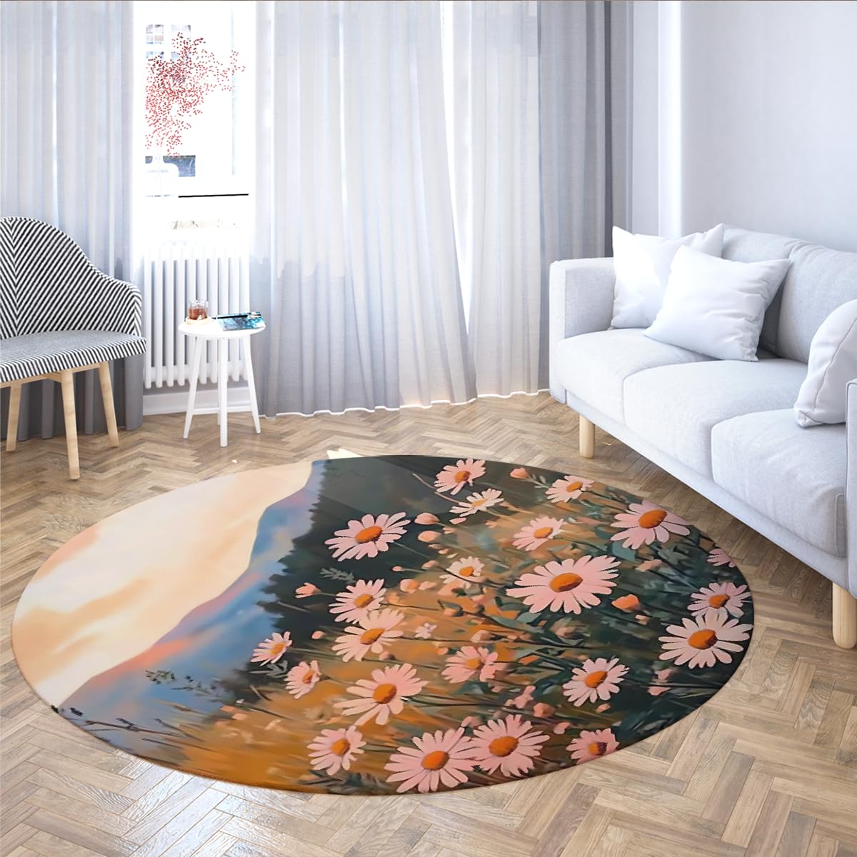 Okrągły dywan stokrotki zachód słońca domek marzycielski 140 cm
