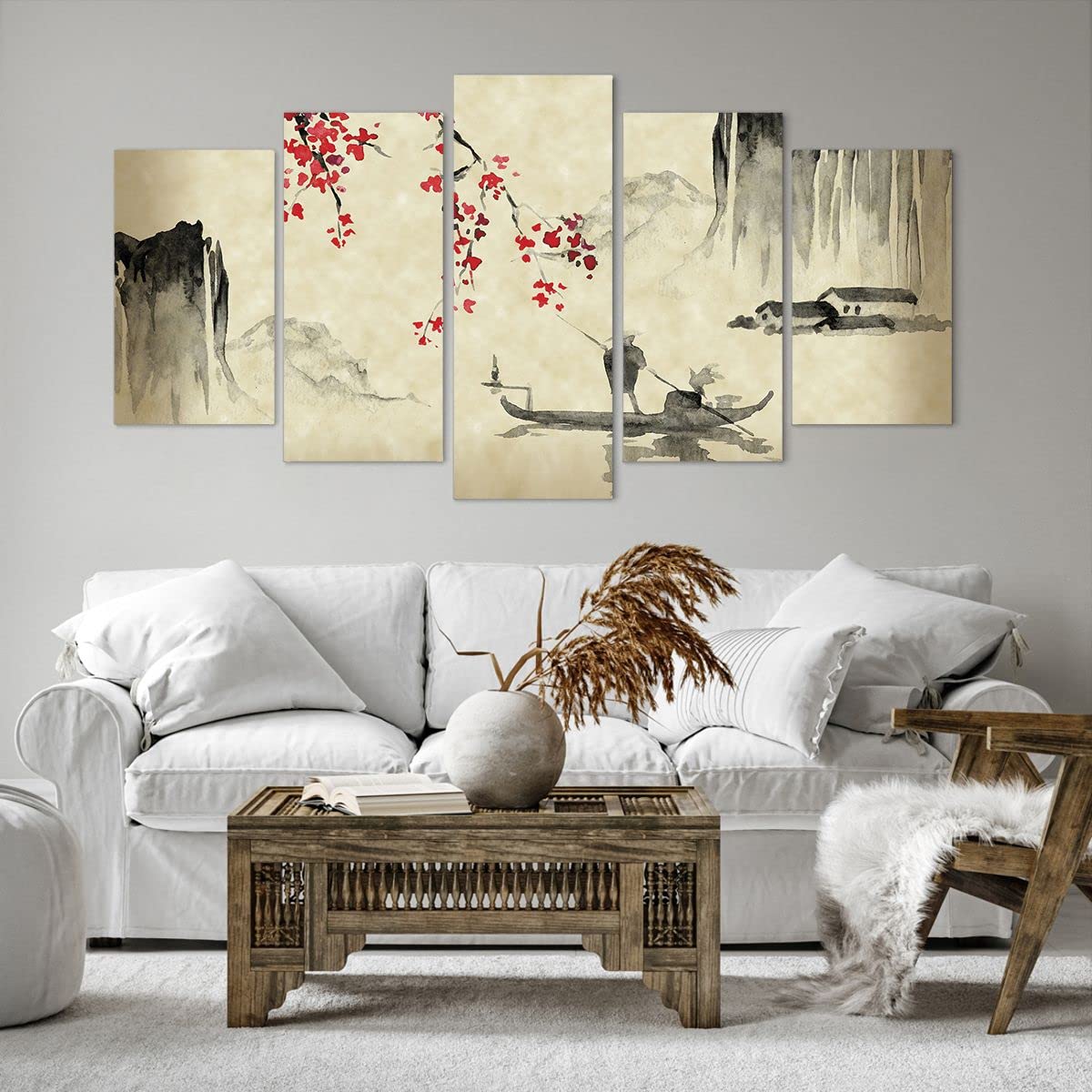 Deco Cadre Décoration Salon Fleur Cerises Japon Moderne Impression sur Toile 160x85cm Image Tableau Decoration Murale Chambre Triptyque 5 parties Art Wall Tableaux Decoratifs Muraux EA160x85-5020