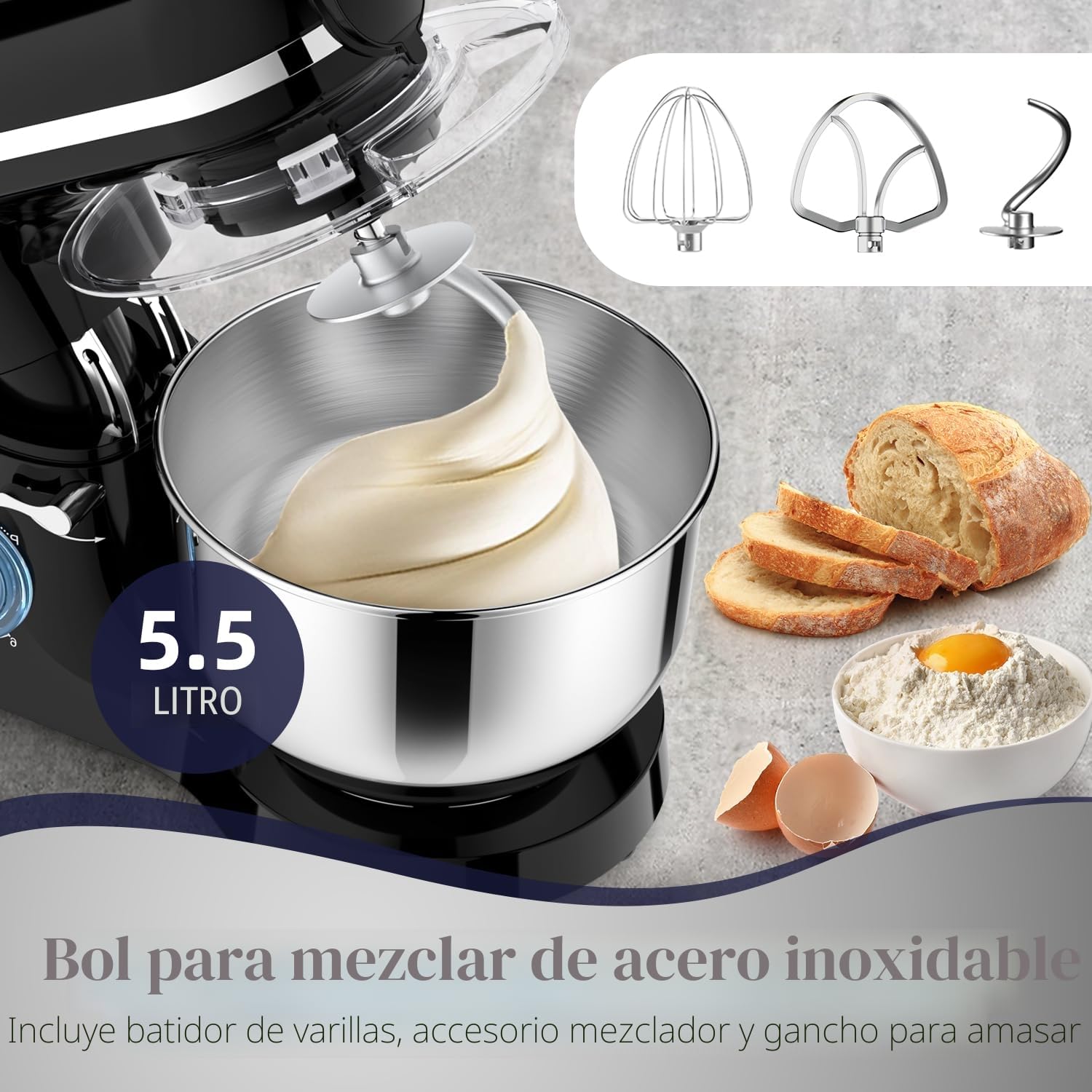 Homlee 3 In 1 Robot De Cocina con Picadora De Carne y Batidora,2000W Amasadora Multifunción, 5.5L Cuenco De Acero Inoxidable,1.5L Exprimidor De zumo, 6 Niveles De Velocidad