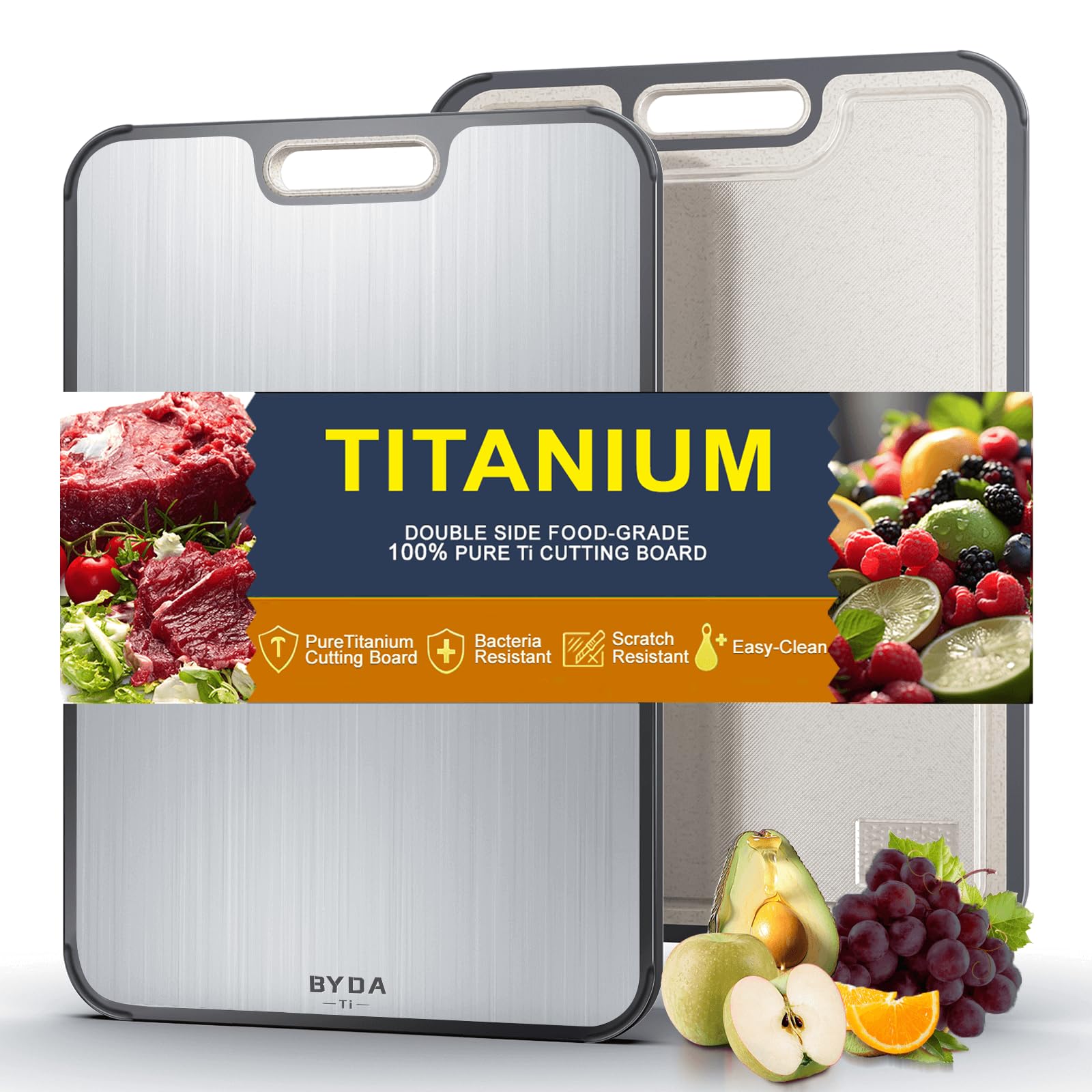Titanium Cutting Board for Kitchen,Double Sided FoodGrade Pure Titanium&PP,Non-Toxic,Non-Slip,Dishwasher Safe,Easy to Clean,Ideal for Meat,Vegetables,Fruit. Large Size (Titanium, 16" L x 11" W)