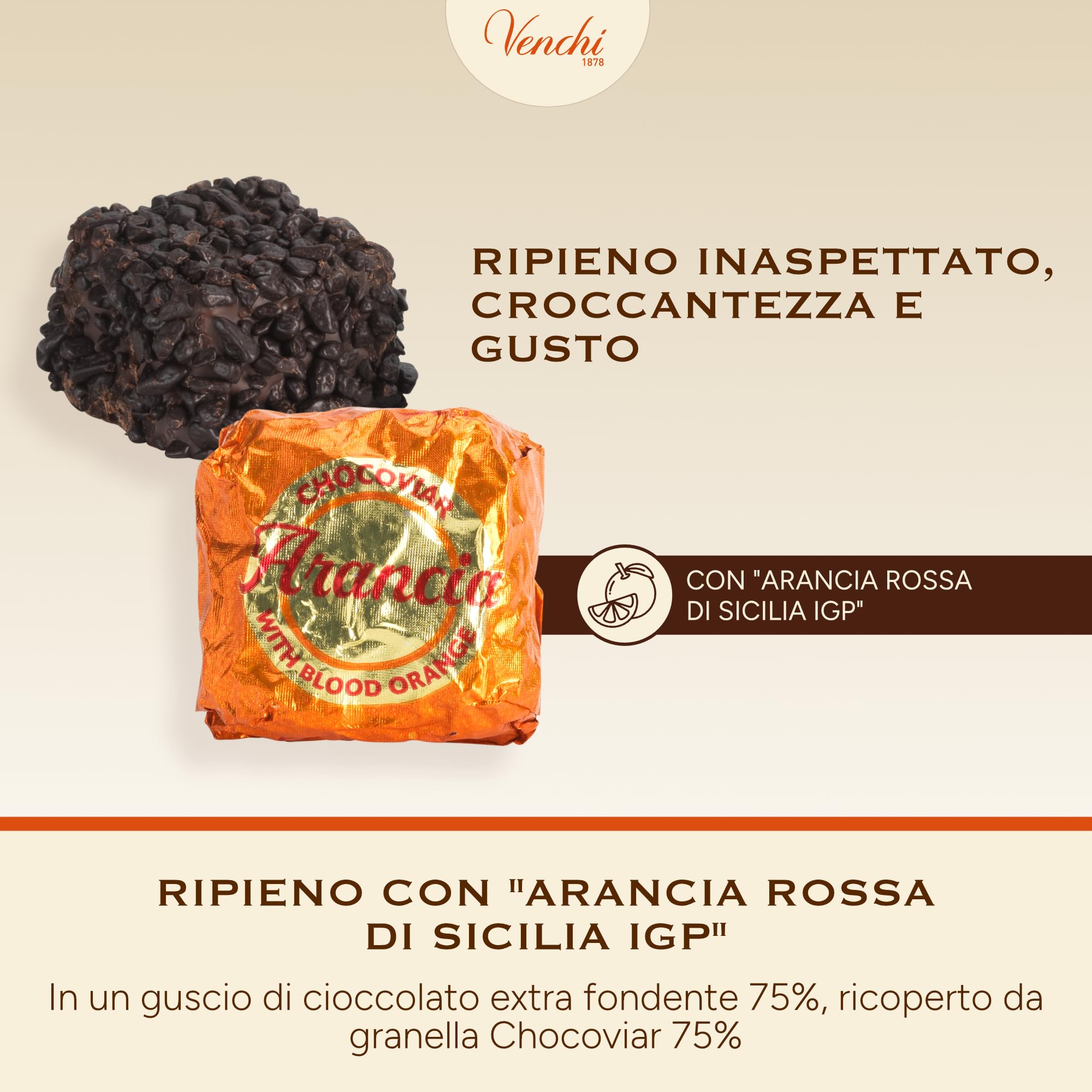 Venchi - Chocoviar Arancia - Cioccolatino Extra Fondente con Ripieno all'Arancia Rossa, 1 kg - Senza Glutine - Vegano