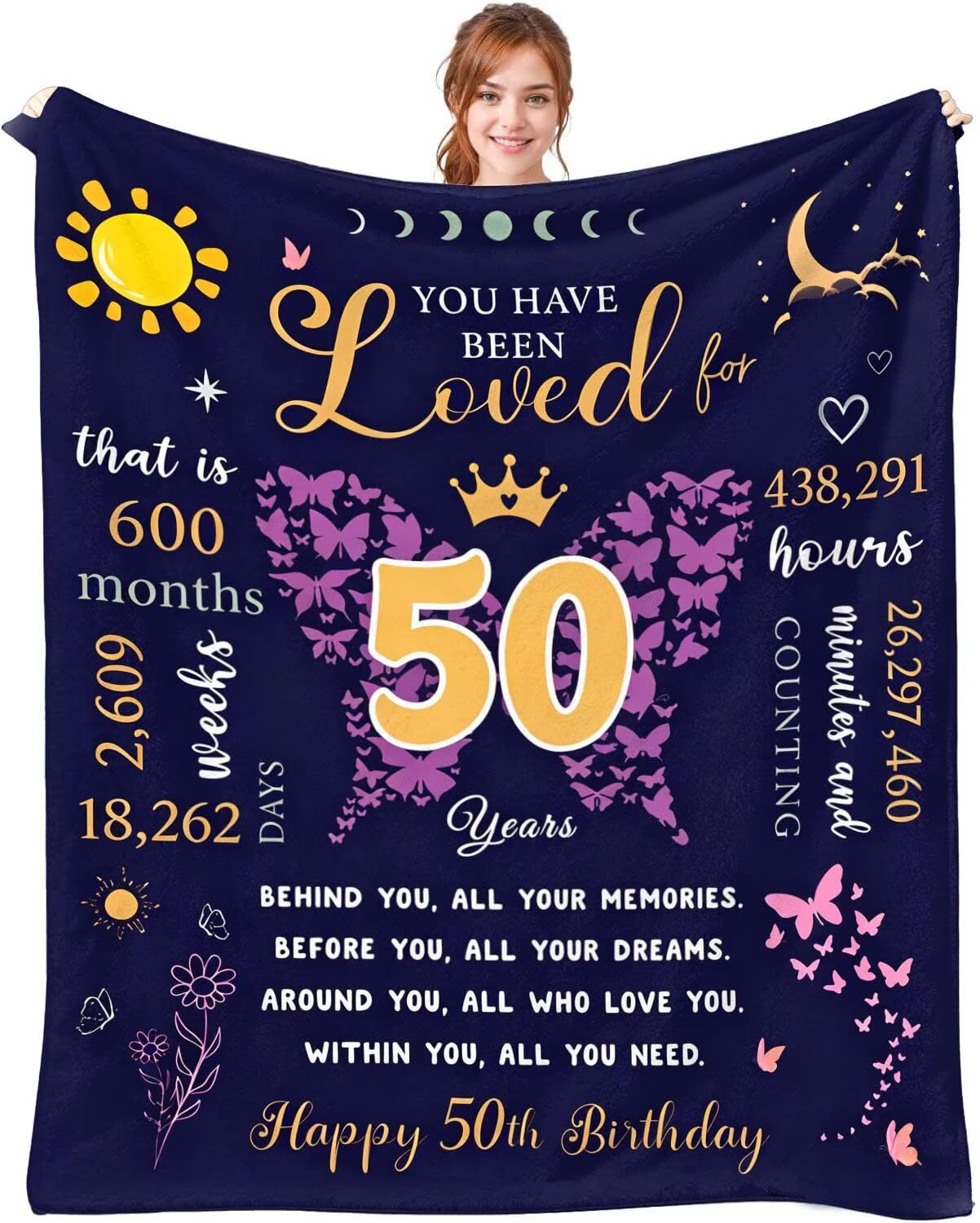 50th Birthday Gifts for Women Blanket 150 x 130 cm (Butterfly Print)