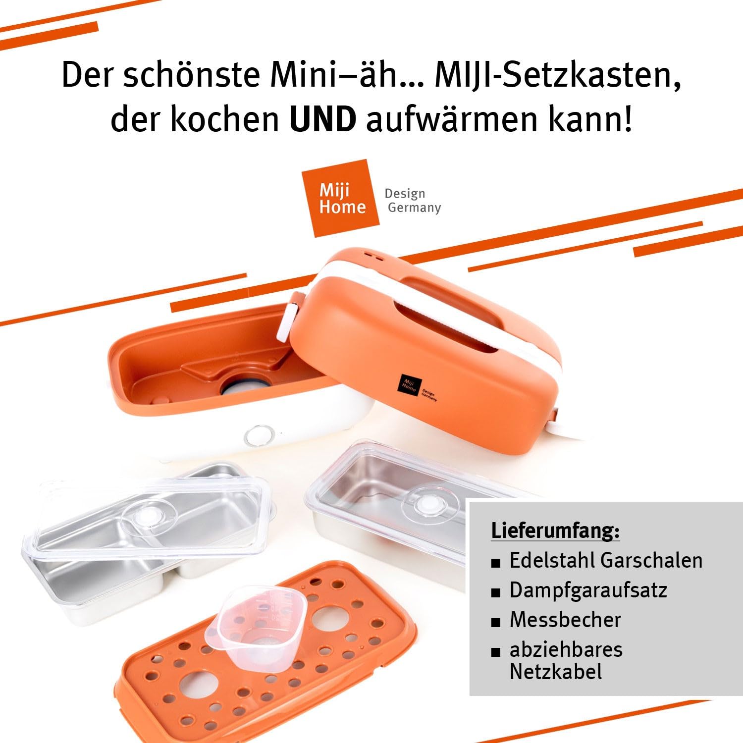 Miji Elektrische Lunchbox & Mini Campingkocher 1 L | 250 W Dampfgarer – leise, geruchsfrei & kompakt für 1–2 Portionen