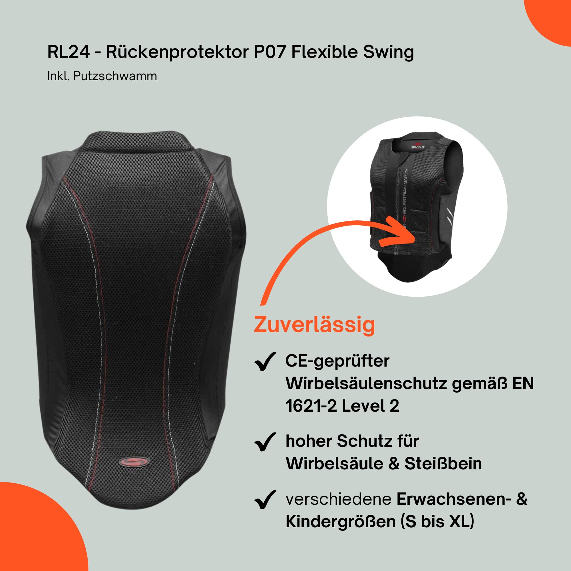 SWING RL24 - Rückenprotektor P07 Flexible Schwarz | Inkl. Putzschwamm – Protektorenweste aus Hightech-Materialien – 360°-Schutz für Wirbelsäule & Steißbein – Reitweste