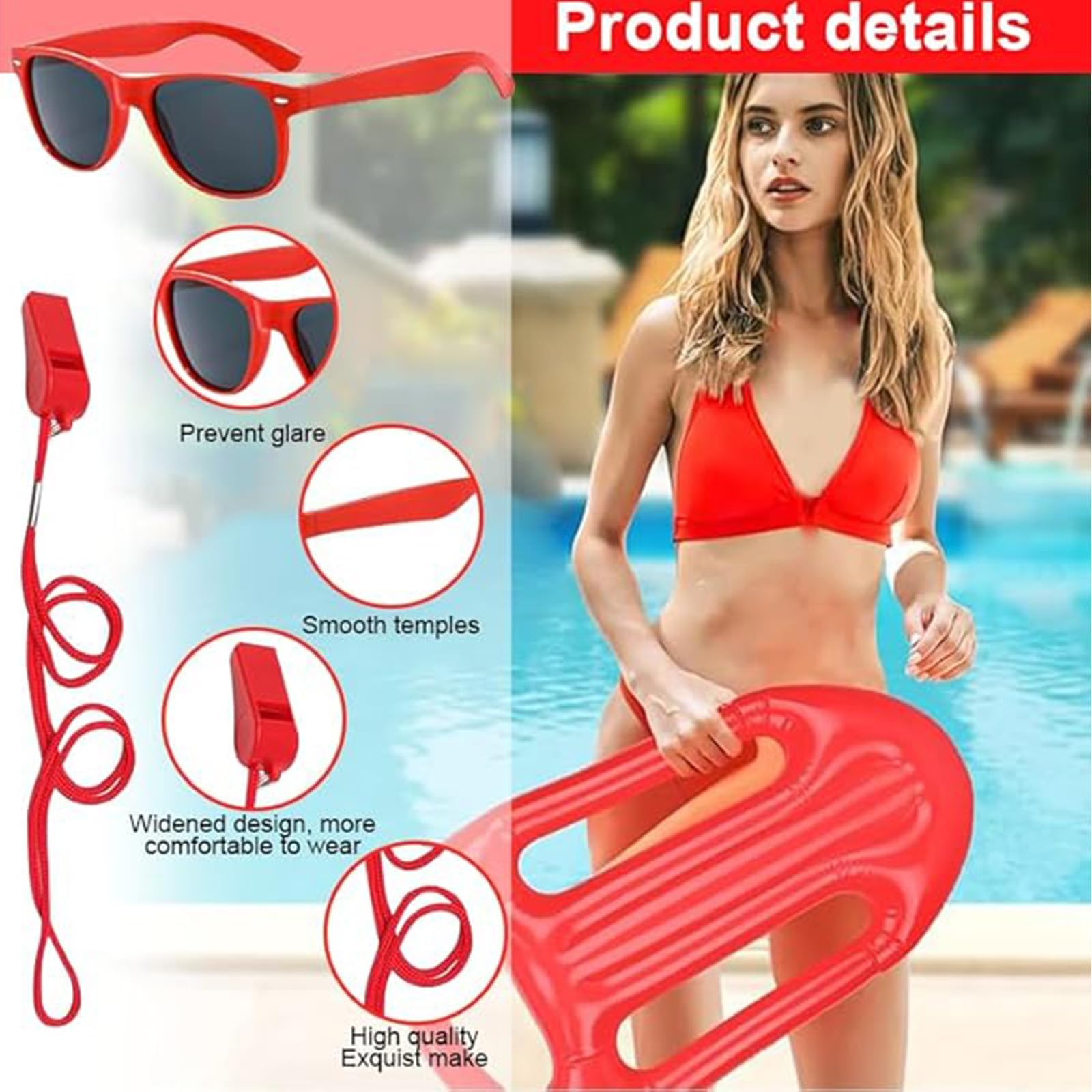 Costume Sauveteur Adulte CHAOTEMAI 4 Pièces - Visière, Lunettes, Sifflet, Bouée Rouge, Déguisement Fête Ou Plage