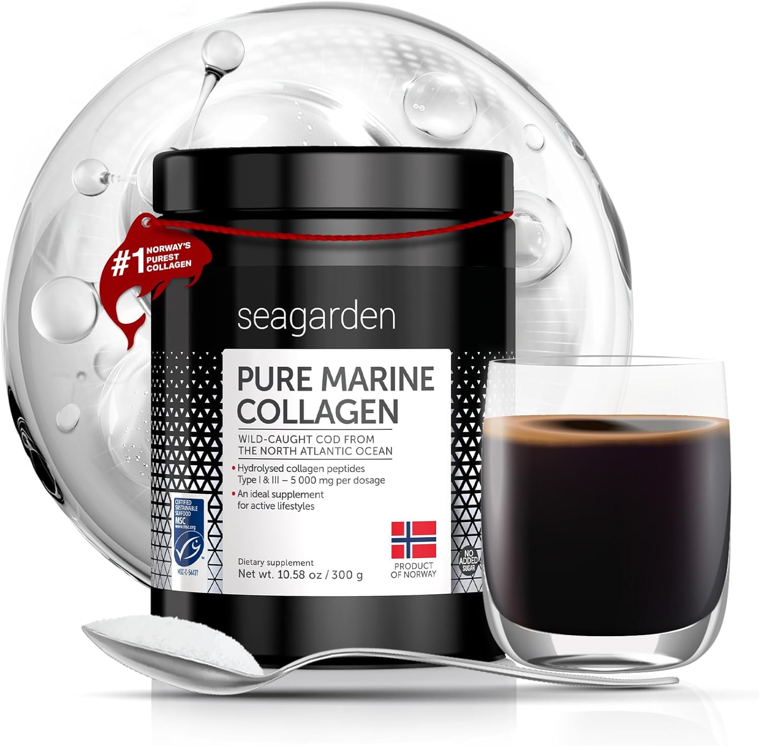 Noors Puur Maritiem Collageenpoeder | In het Wild Gevangen Vis uit de Noord-Atlantische Oceaan | Een voorraad van 2 maand | Hydrolysaatpeptiden | Supplement voor Huid, Haar, Nagels, Pezen, Ligamenten | 100% Natuurlijk | 300 g