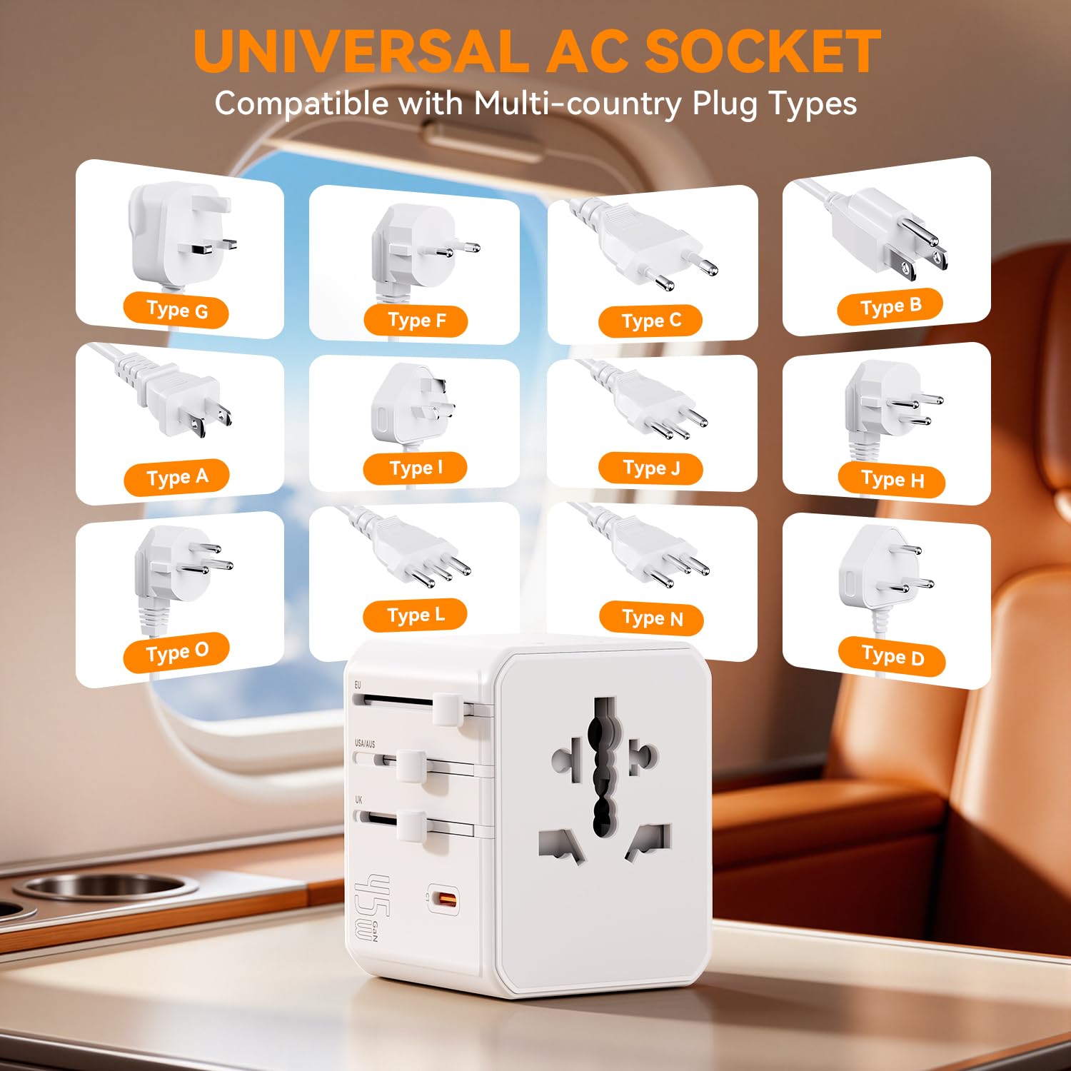 Auxmir Adaptador Enchufe Universal, Adaptador Internacional con 3 USB-C y 2 USB-A (PD 45W), Adaptador Universal para Europa, Reino Unido, Estados Unidos, Canadá, Australia (212 países), Blanco — view 5