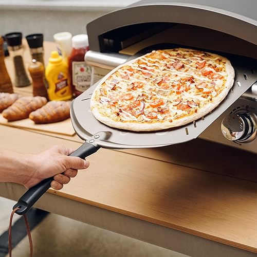 Miniatura 9 de Q Pizza Pala de pizza perforada de 14 pulgadas, antiadherente para torneado de pizza, accesorio para horno de pizza, espátula de metal extra grande