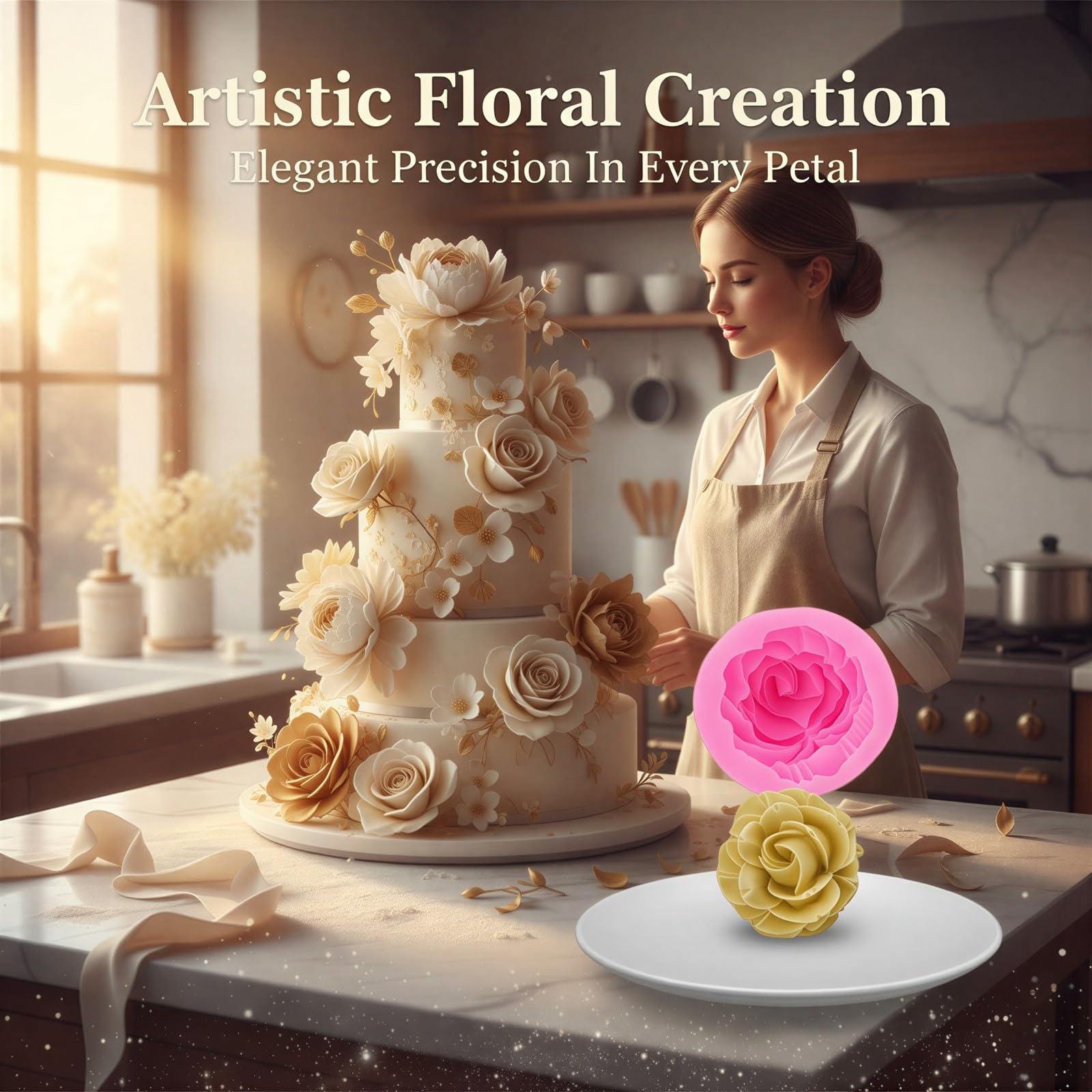 Lot de 6 moules en silicone fleurs, formes variées rose et pivoine, adapté au contact alimentaire, pour pâtisserie en fondant, résine, savon, bougies, plusieurs tailles
