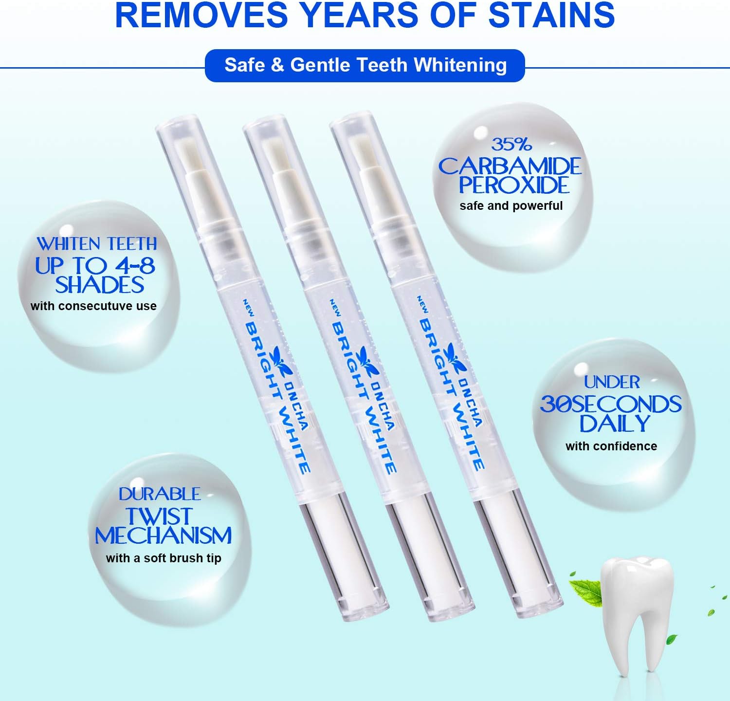 Teeth Whitening Pen 3 Pack, 35% Carbamide Peroxide, Effective, No Sensitivity, Easy to Use, Beautiful White Smile, Natural Mint Flavor