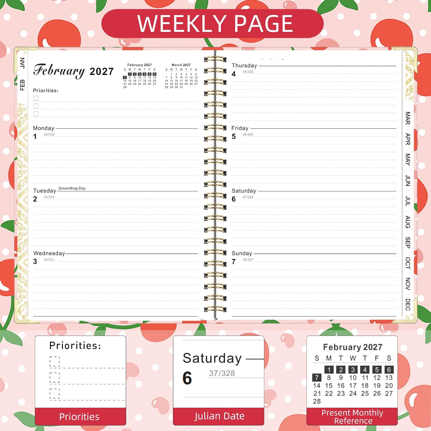2026-2027 Planner, Jul.2026-Jun.2027 Planner Weekly and Monthly 6.25"x8.5" with Page Tabs, Calendar Hardcover with Inner Pocket, Elastic Band, Twin-Wire Binding, Bookmark, Cherry Dots image 4
