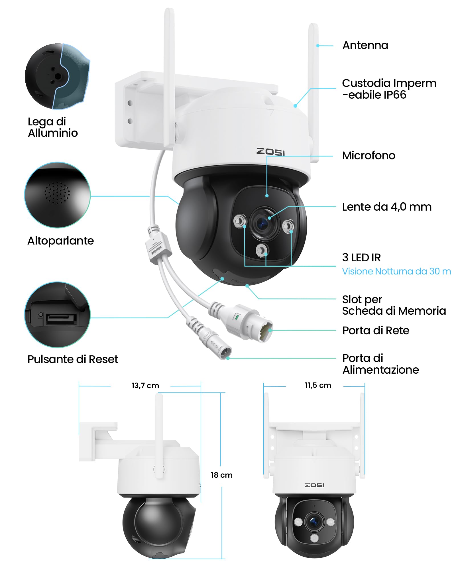 ZOSI 4K Telecamera di Sorveglianza WLAN per Esterni con Scheda da 64 GB, 8MP Telecamera PTZ a 360°, Riconoscimento di Persone/Veicoli, Auto Tracking, Audio Bidirezionale, Visione Notturna IR