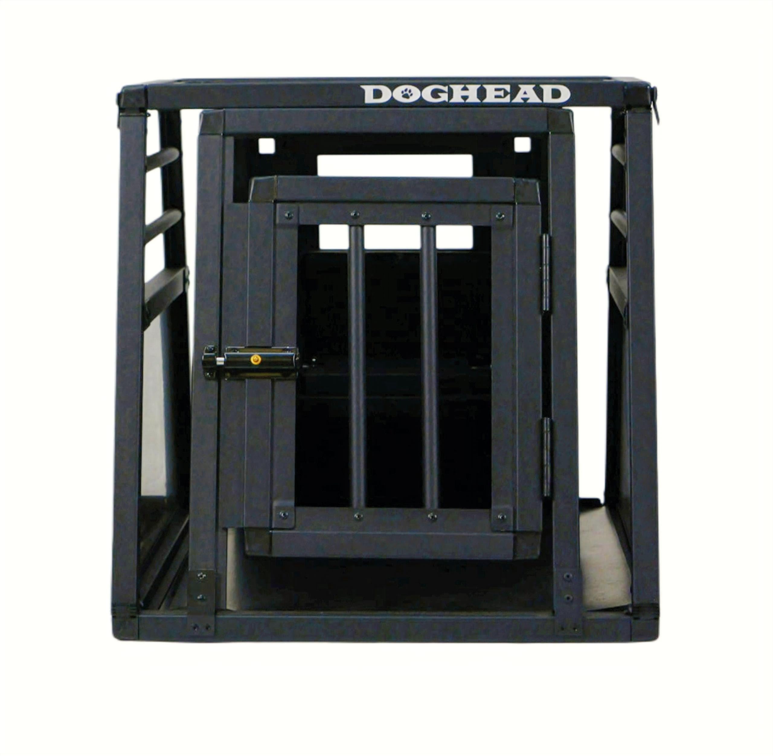 DOGHEAD Hundetransportbox Proline, Single 50x60x50 cm, Schwarz, Aluminium, Beidseitig Abgeschrägt 75°, mit Notausstieg