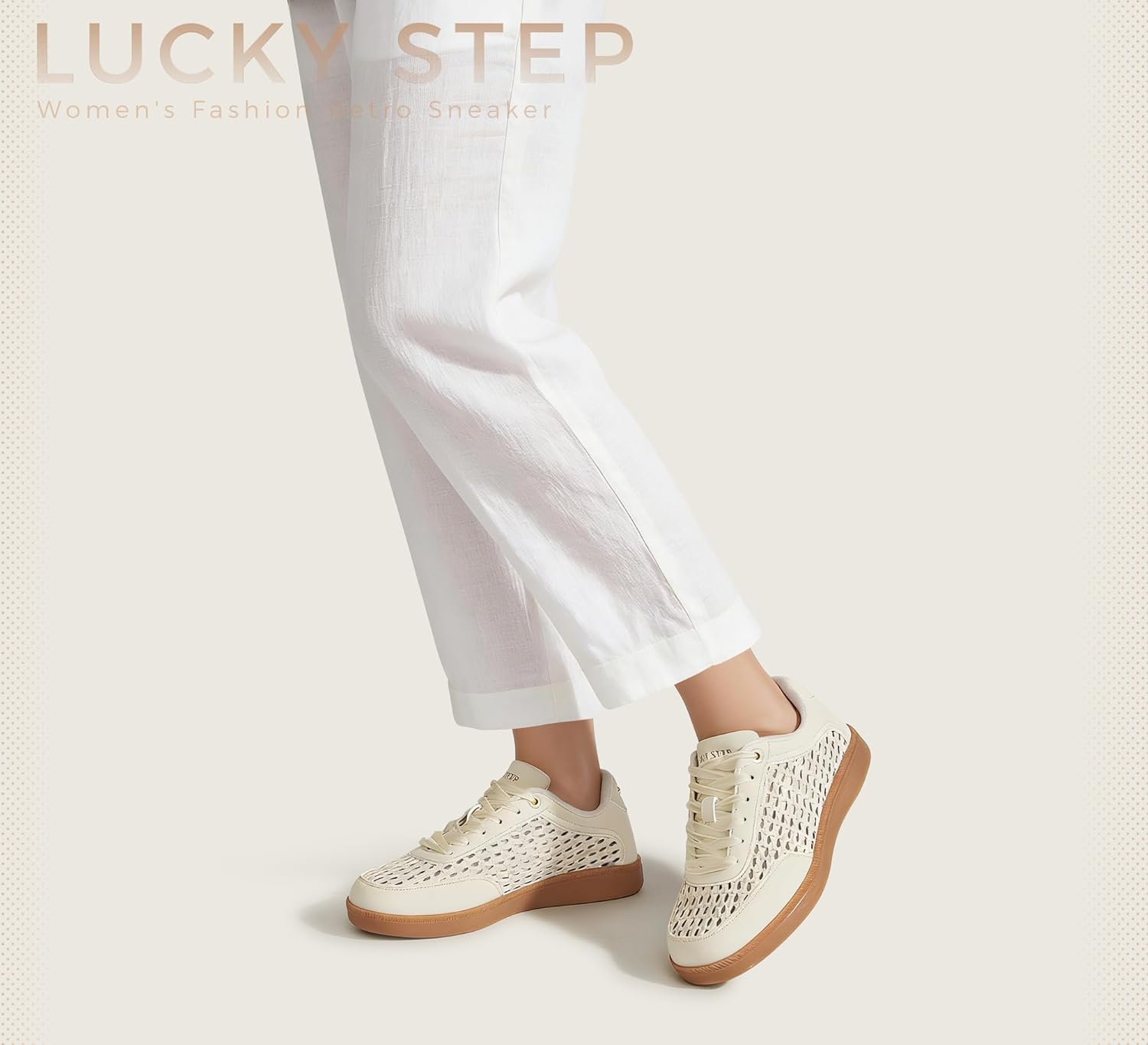 LUCKY STEP Women's Fashion Tennis Shoes Classic Retro Sneakers Casual Gum Sole Braided Raffia Street Style Trendy Walking Footwear