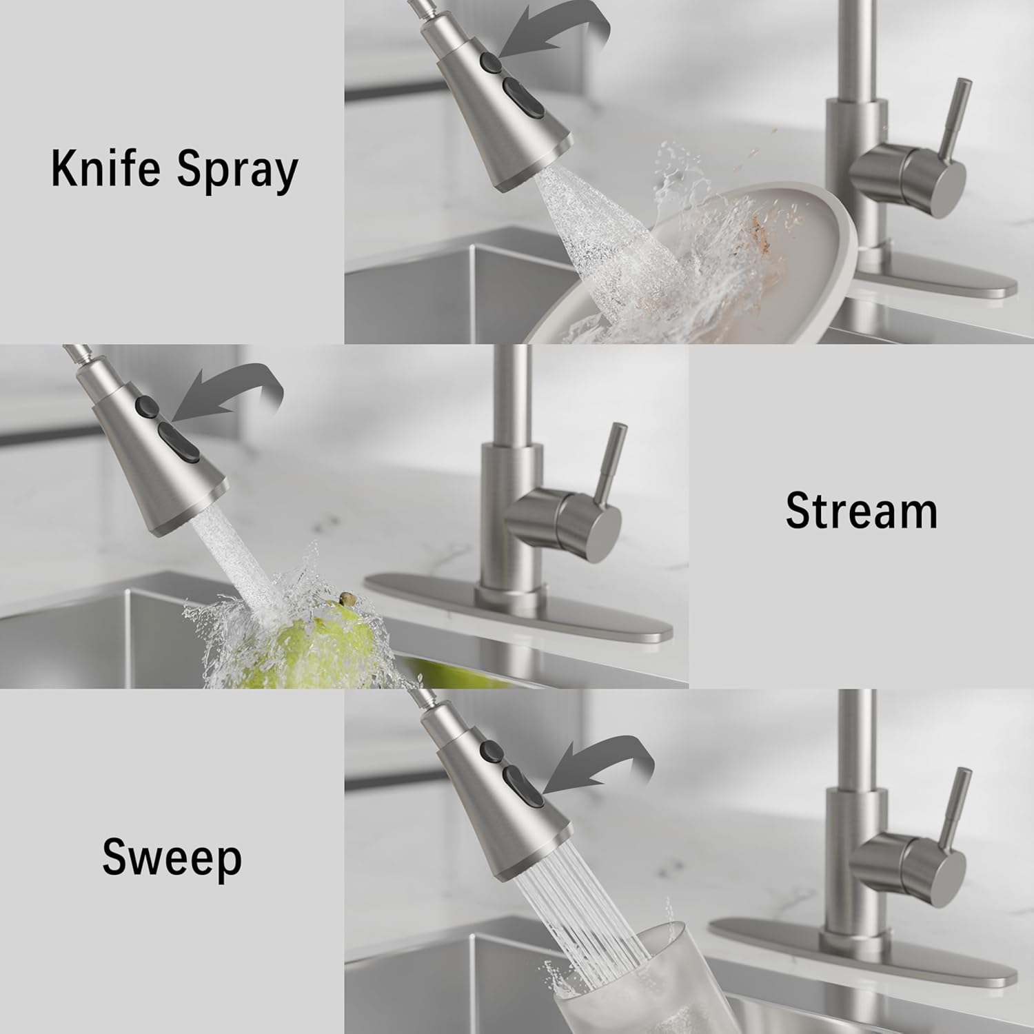 VXV Kitchen Faucets, Brushed Nickel Kitchen Faucet with Pull-Down Sprayer, Stainless Steel Sink Faucet for Farmhouse, RV, and Bar, Pull Out Kitchen Faucet with Deck Plate and 1/2'' Adapters