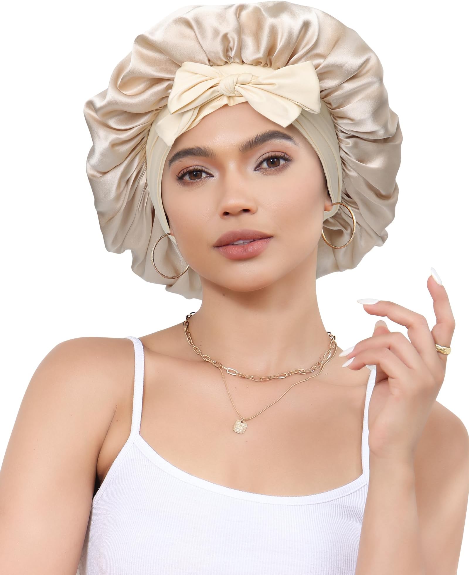 Silk Bonnet for Sleeping 100% Mulberry Women Double Layer Sleep Cap with Adjustable Elastic Band Silk Hair Wrap