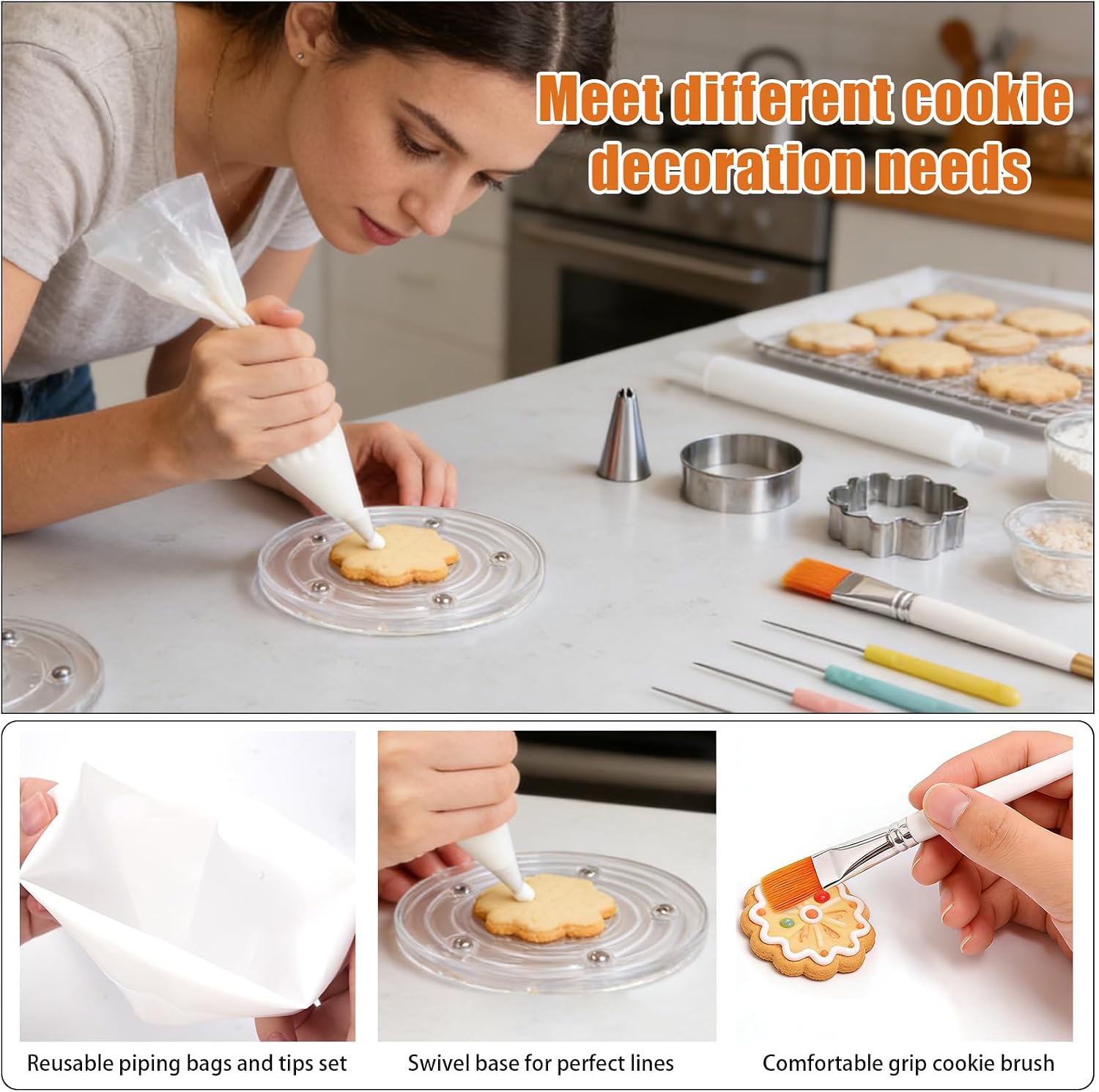 26 PCS Cookie Decorating Kit Supplies, Including 6 Piping Tips and Bags 2 Acrylic Cookie Turntable 4 Cookie Scribe Needle 4 Silicone Mesh Mats 6 Cookie Decoration Brushes for Baking Tools