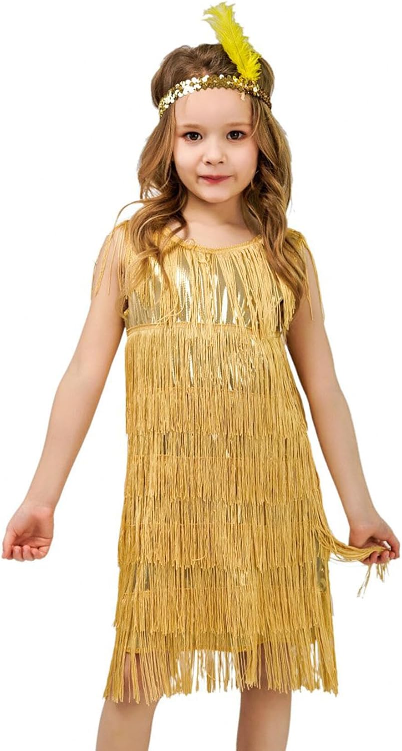 SEAUR Girls Fringe Latin Dance Dress with Sequin Headband Crew Neck Sleeveless Perform Costume Set Vintage Party Outfit