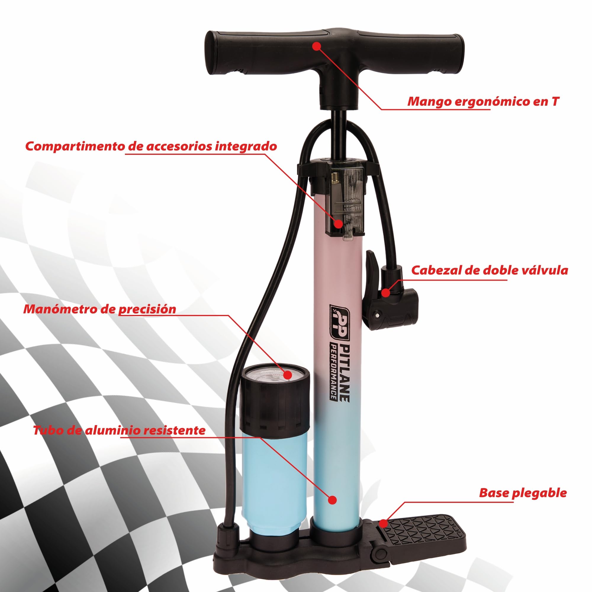 Bomba de Aire con manómetro 42 cm Bomba de pie con barómetro hasta 11 Bares Compatible con válvulas Schrader, Presta Dunlop