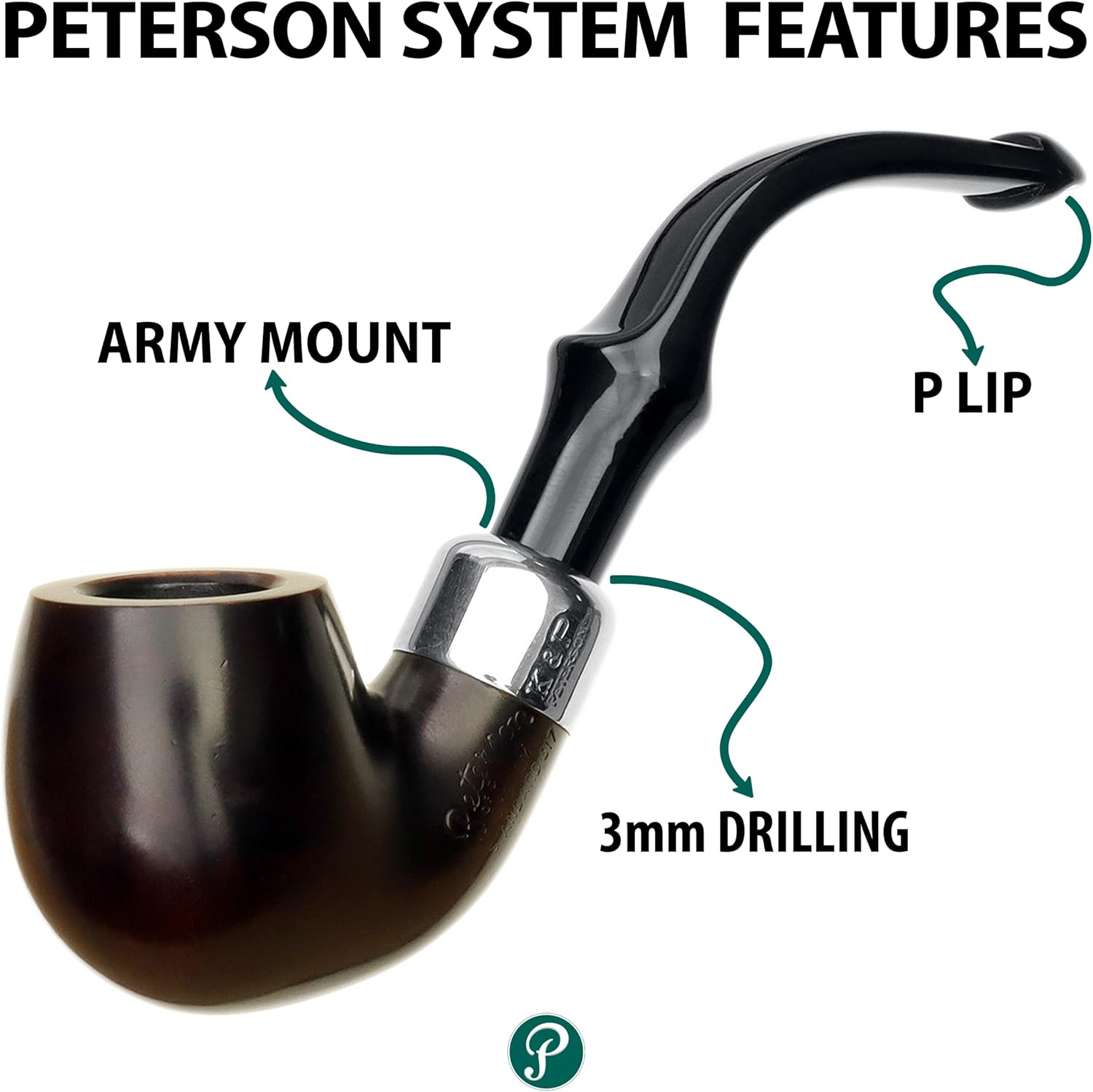 Peterson Pipes System Series Handmade in Ireland Mediterranean Briar Wood Pipe - Vintage Design, Heritage Finish, Standard P-Lip, 3mm (317 Bent Billiard)