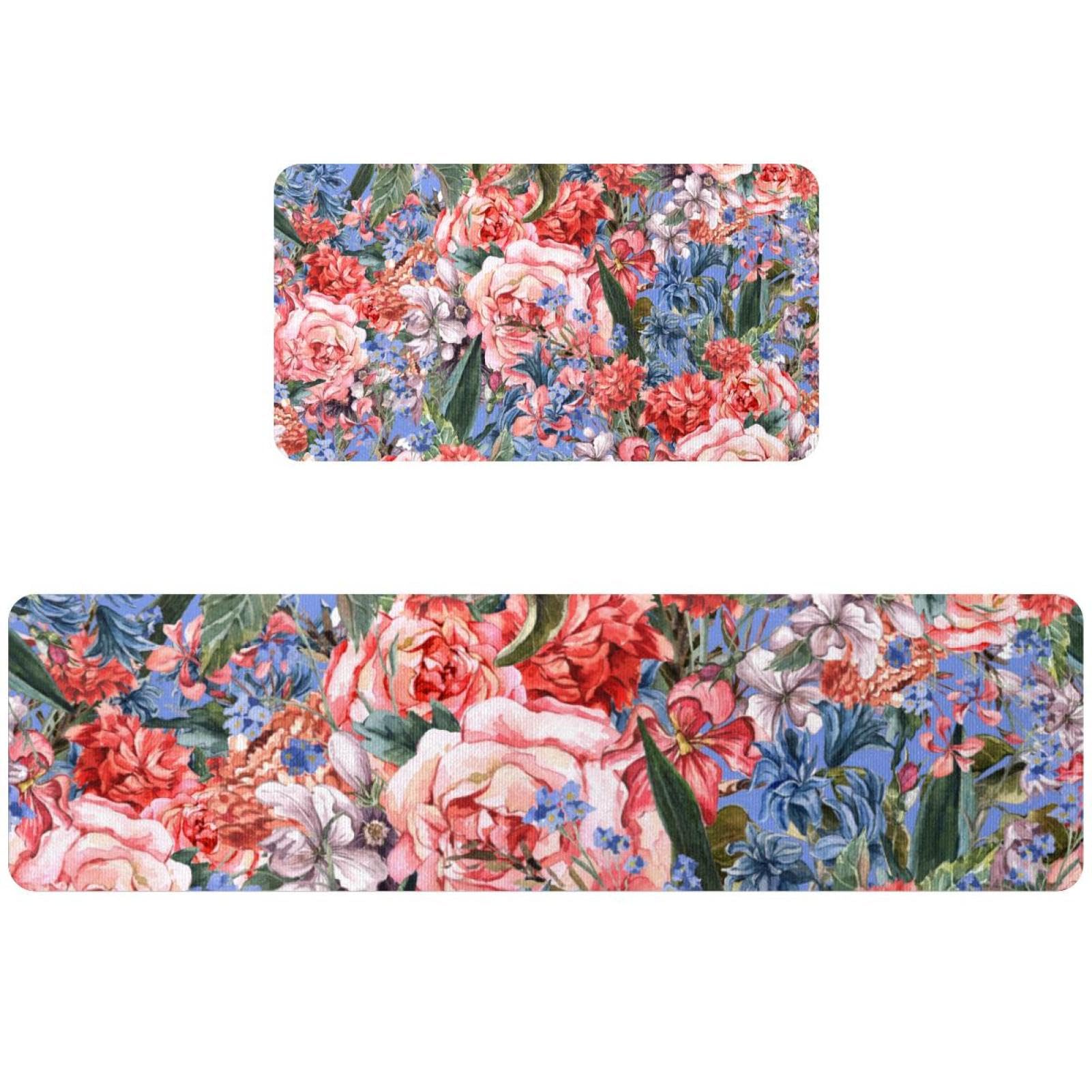 Lot de 2 tapis de cuisine fond floral roses tapis de sol