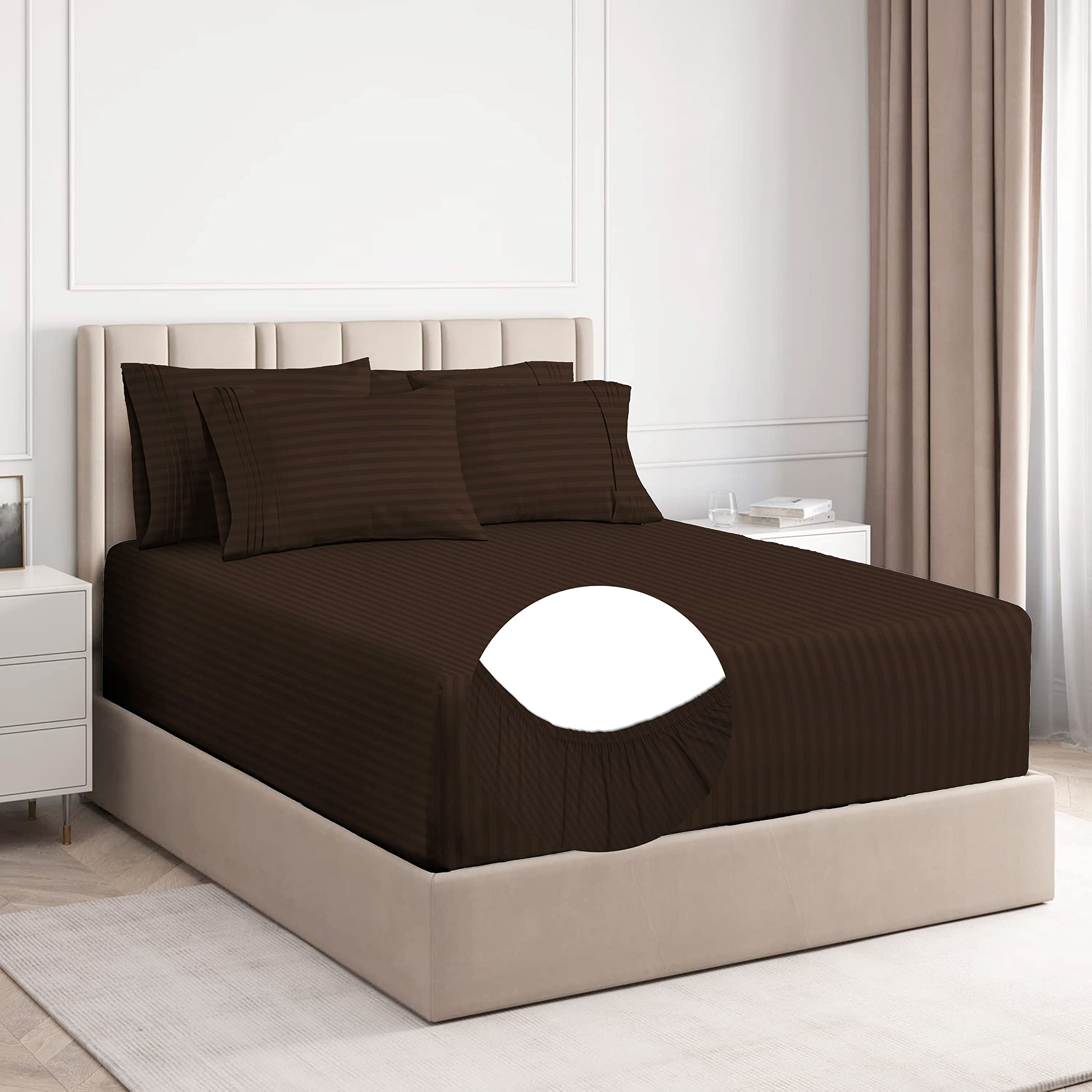 VAS COLLECTIONS Premium 220 TC Cotton Solid Striped Elastic Fitted Bedsheets with 2 Pillow Covers | Double Bed with All Around Elastic Supersoft | Size - 78x72+10 inches, Coffee (B0BWK1ZB2Q) Amazon Price History, Amazon Price Tracker