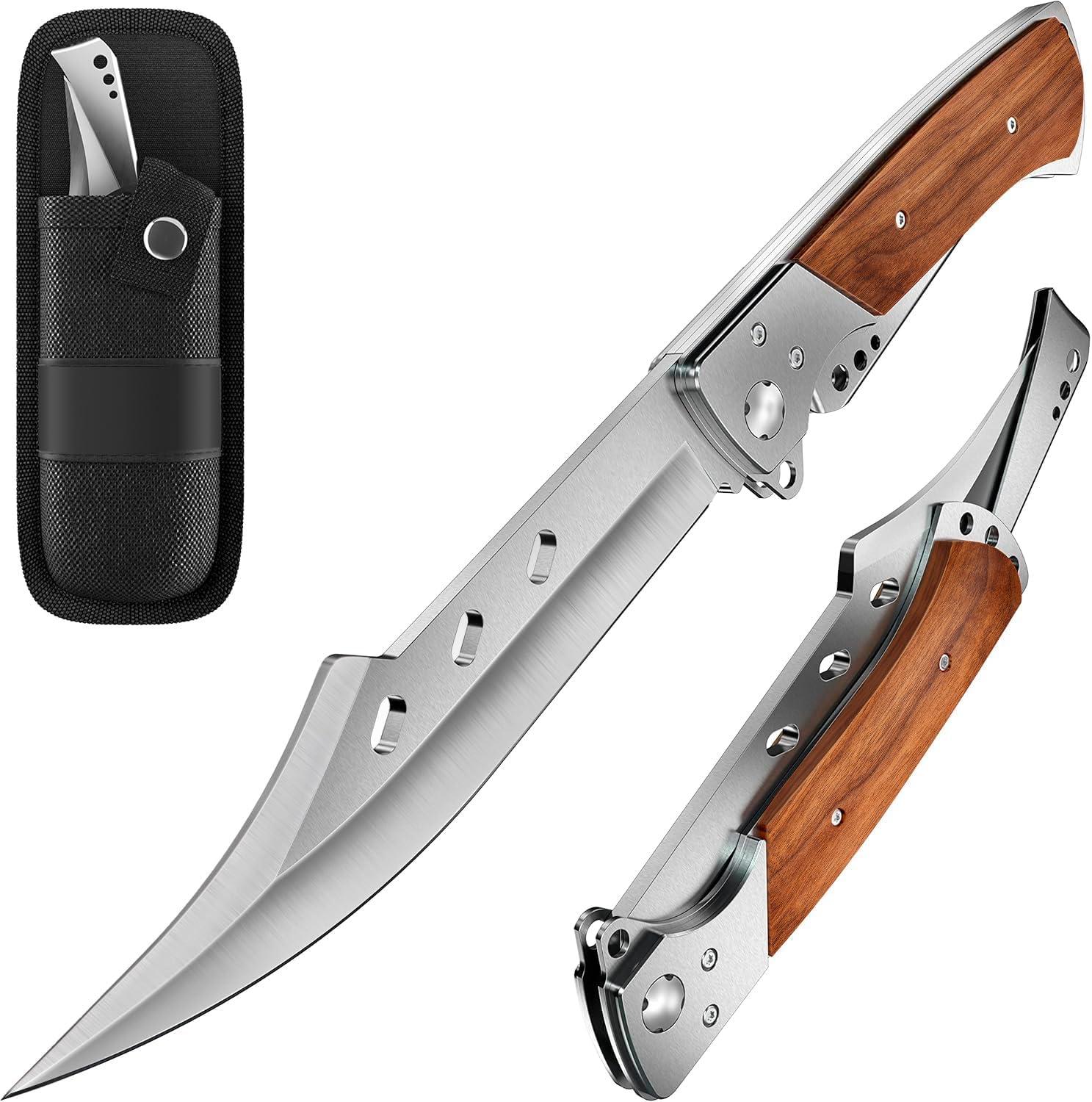 Grand Approach Lengthy Blade Folding Knife – Sharp Searching Mountaineering Tenting Tactical Survival Work Knives for Males Girls – Foldable Giant Knife with Rosewood Deal with – Stocking Stuffers Presents 4172