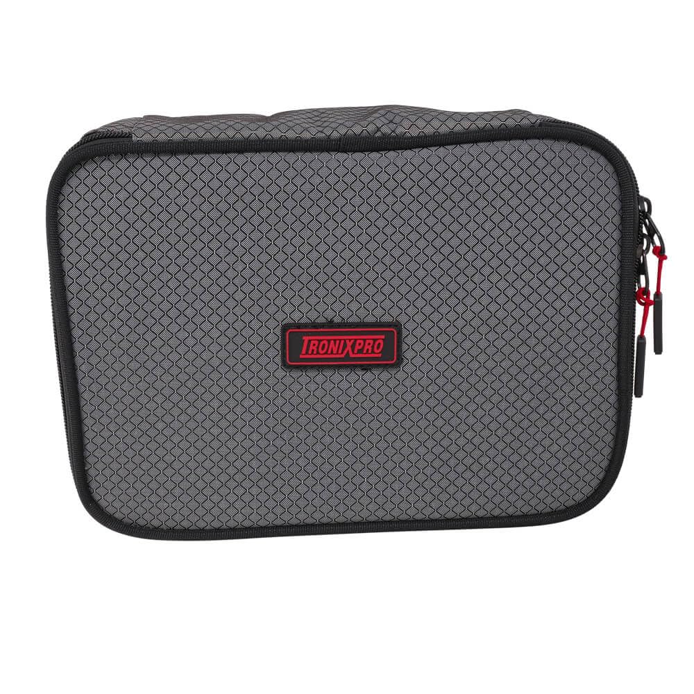 Tronixpro Spool Bag | Grey Black | Sea Fishing Fixed Spool Spare Spools Case | Water Resistant | Wipe Clean 420D Nylon | Moveable Dividers | Fully Padded | 2 Way Zips with Tabs | 26cm x 19cm x 7cm