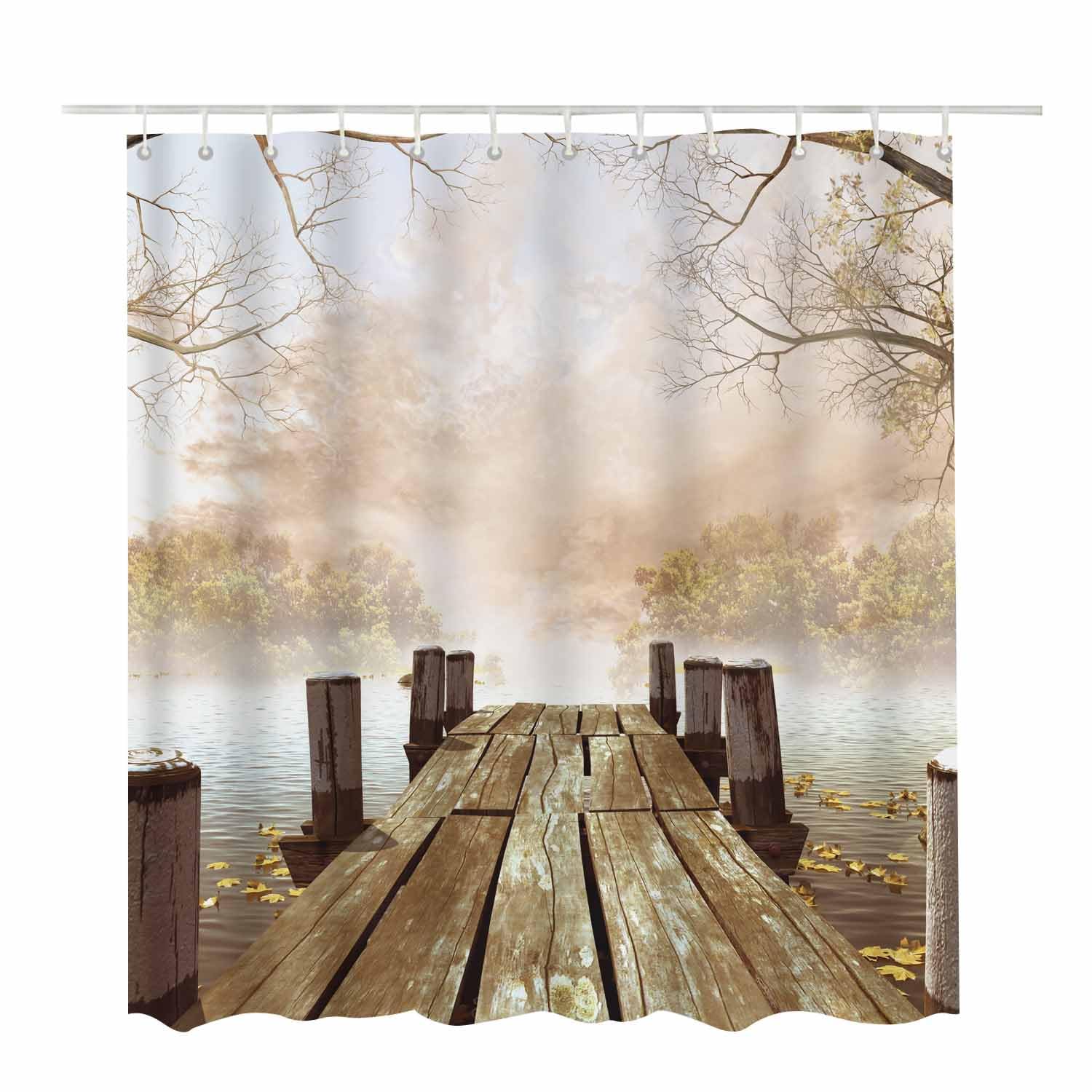 Woutay Shower Curtain Water Repellant Fabric Lakeside Scenery,Mould Proof Resistant,Polyester,with 12 Plastic Hooks - Image 2