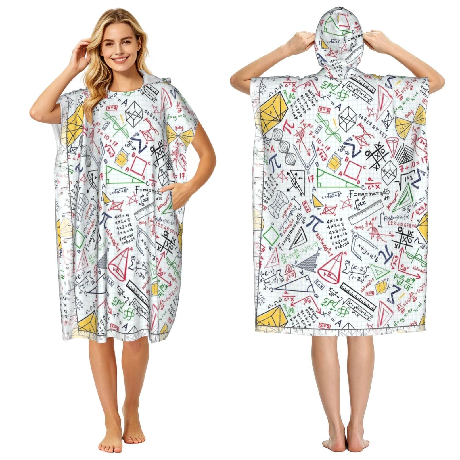 Poadnly Colorful Math Doodles On Grid, Adult Hooded Beach Towel 90 x 110 cm,Changing Bath Robe, Surf Poncho Towel For Women Men