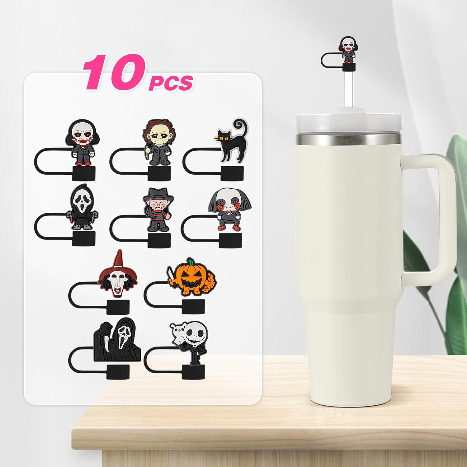 10pcs Straw Cover Cap for Stanley Cup, 10mm Black Horror Movie Silicone Reusable Straw Topper Compatible with Stanley 30&40 Oz Tumbler with Handle, Halloween Stanley Cup Accessories - Image 3