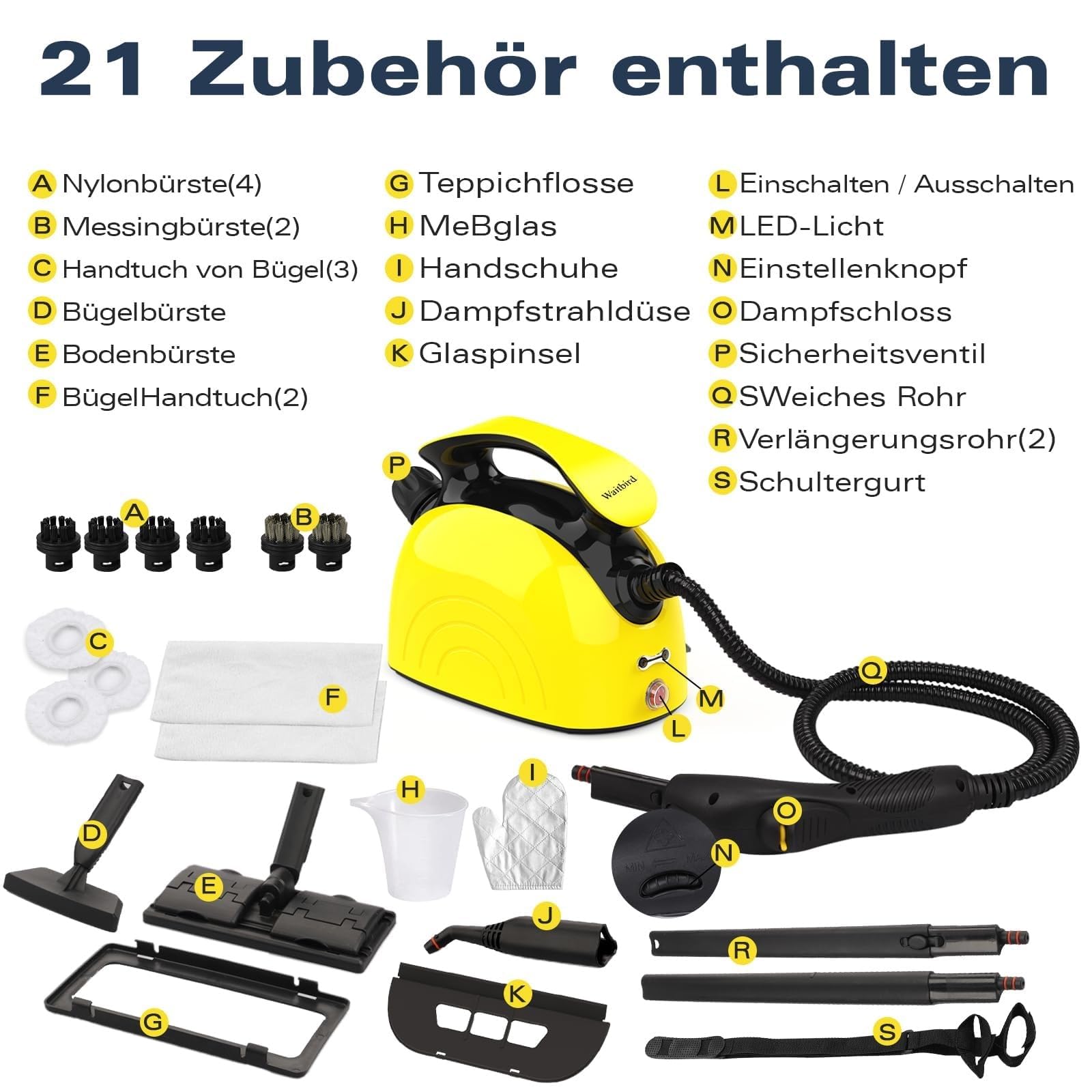 Waitbird Dampfreiniger mit 21 Zubehörteilen 248°F Hochtemperatur-Dampf Großer 1.1L Wassertank, Mehrzweck, Ideal für die Reinigung von Böden, Sofas, Glasen，Küche, Toilette Besenstiele