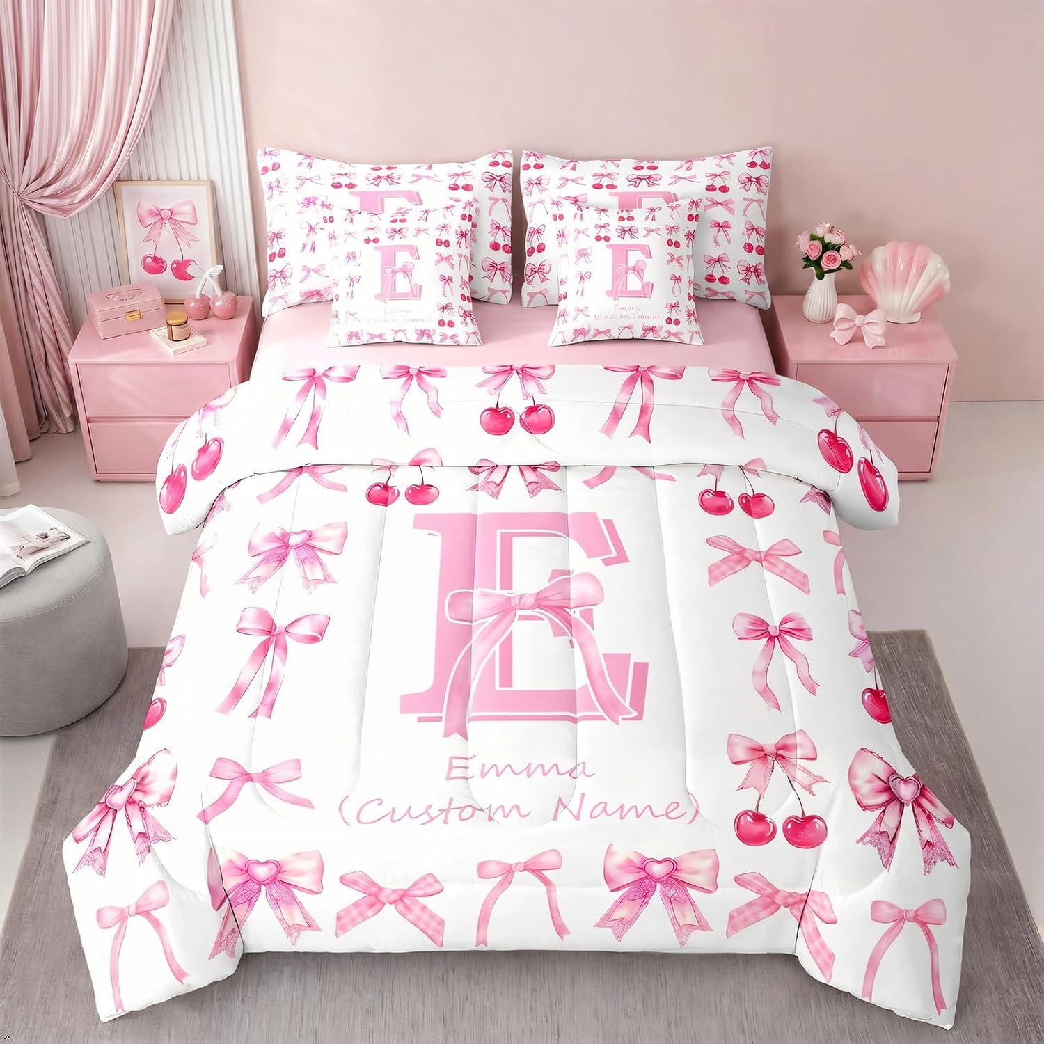 Erosebridal Custom Initial Bed in a Bag King Size Comforter Set 7-Piece | Personalized Name Bedding Sets Coquette Pink Bow Comforter and Sheet Set, Pink Cherry Room Decor,Preppy Decor