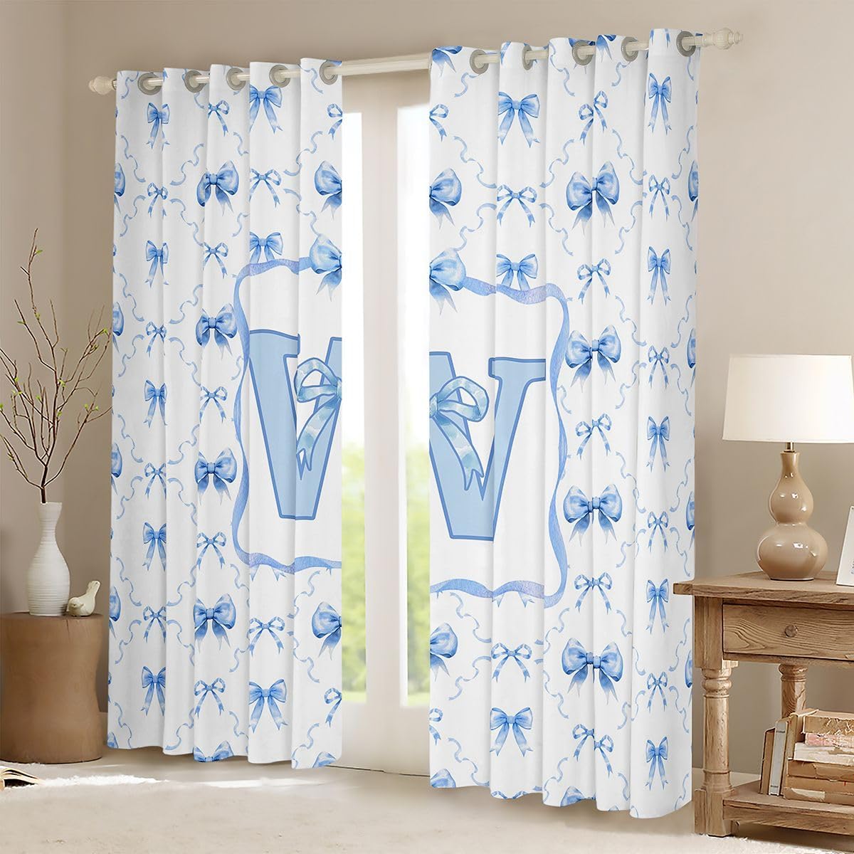 Erosebridal Blue Bow Blackout Curtains, Blue Initial W Bowknot Curtains Drapes, Trendy Preppy Bow Tie Kids Girls Bedroom Decor, Princess Ribbon Bows Window Treatments 2 Panels 38 x 45 Inch