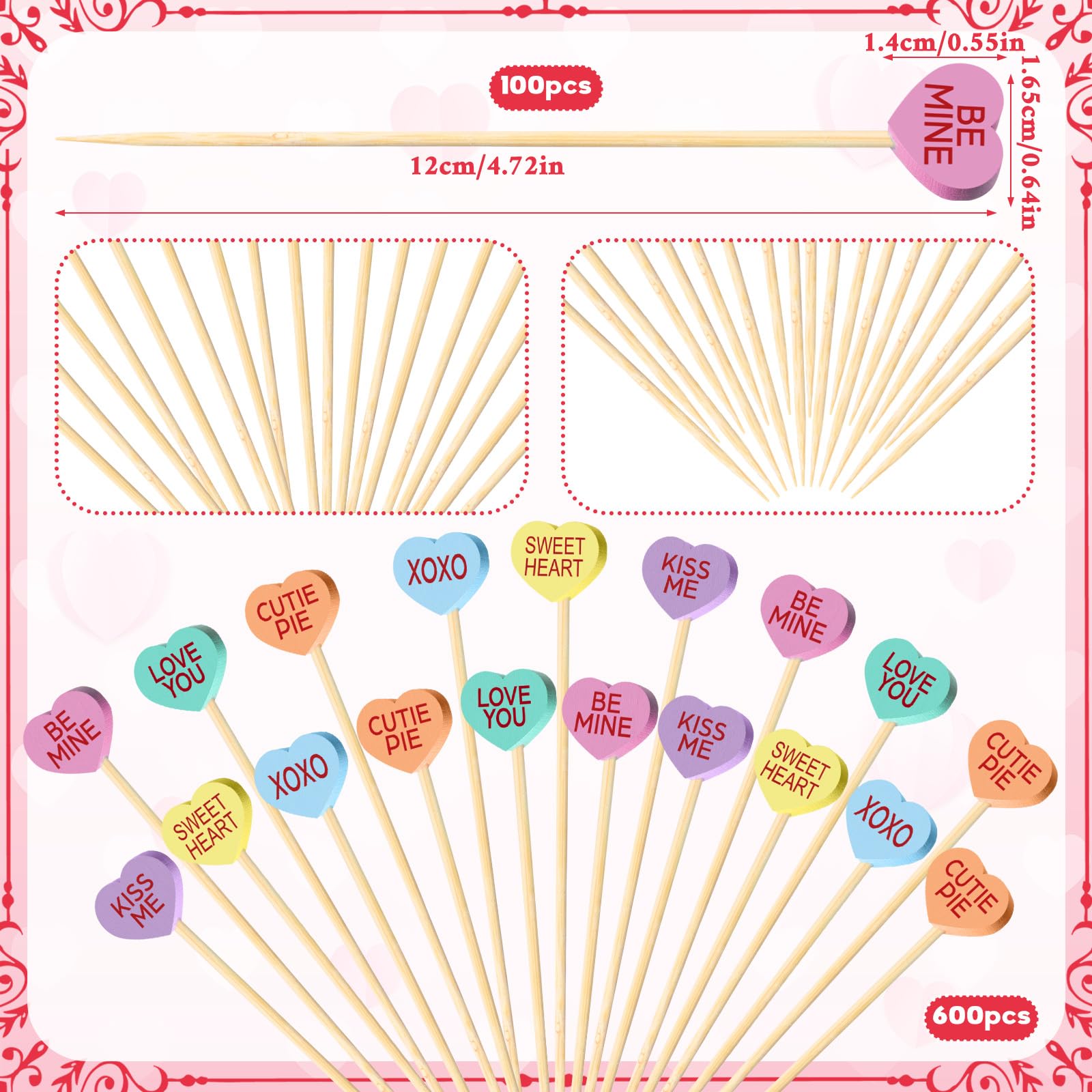 Maxcheck 600 palillos de cóctel para el día de San Valentín, 4.7 pulgadas, corazones surtidos, palillos de bambú para aperitivos, palitos de frutas para decoración de fiestas, 6 estilos (corazón)