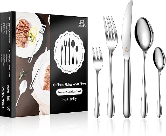 vancasso Cutlery Set, Stainless Steel 30 Piece Cutlery Set for 6 People, Silverware Set Include Knives/Spoons/Forks, Modern Design & Mirror Polished, Flatware Set for Daily Use/Christmas