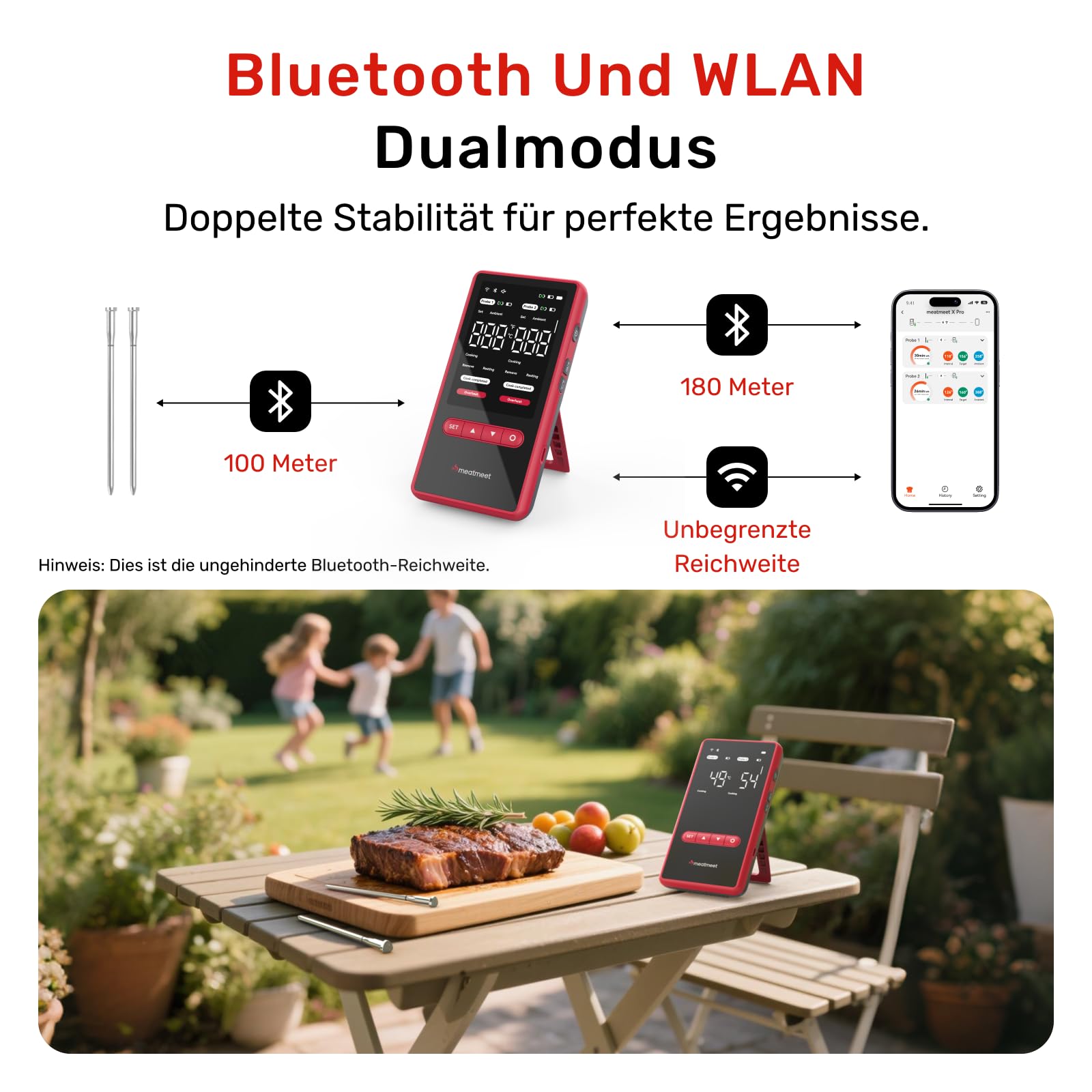 X Pro Fleischthermometer kabellos mit Bluetooth & WLAN, 2 Sonden 6 Sensoren, Einteiliges Edelstahldesign, IP69 Wasserdicht, 582°C Hitzebeständigkeit, Grill Ofen Küche Heißluftfritteuse