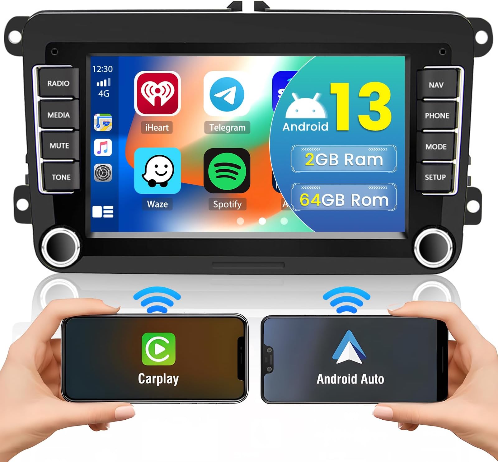 [2G+64G] Hikity 7 Inch Android 13 Car Stereo for VW Seat Skoda Radio with Wireless Carplay Android Auto, Touchscreen Car Radio Supports HiFi GPS WiFi BT FM SWC USB Reverse Camera